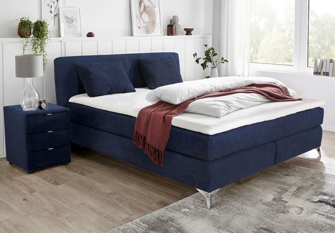 Boxspringbett, B:188cm L:209cm, blau, JOCKENHÖFER GRUPPE, Bezug Bett: Microfaser (100% Polyester);Topper und Matratzenspiegel: 100% Polyester,