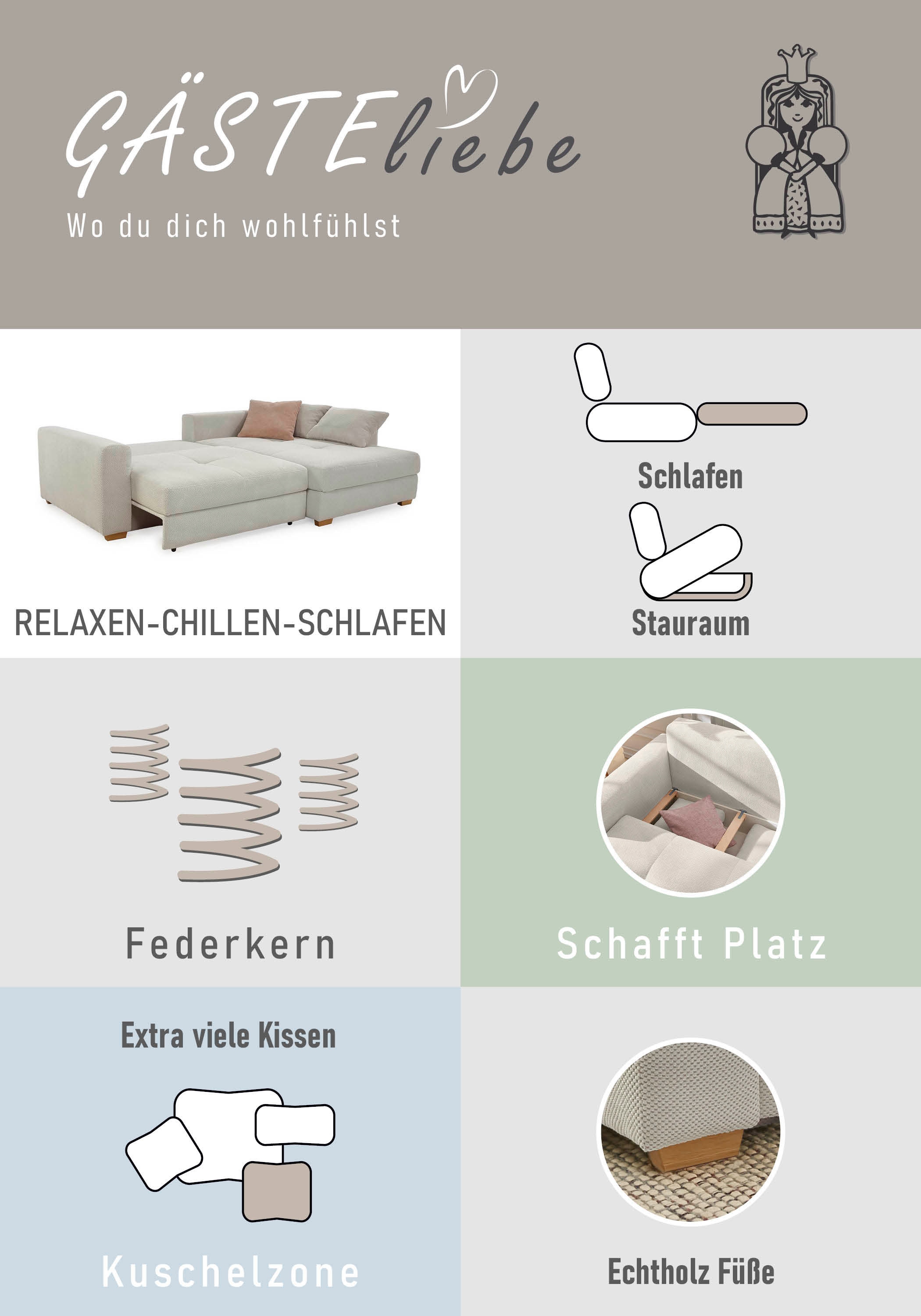 Jockenhöfer Gruppe Ecksofa »Kampen L-Form, B: 288 cm, Liegefl. 153x245 cm« mit Bettfunktion, Bettkasten & Zierkissen, Federkern