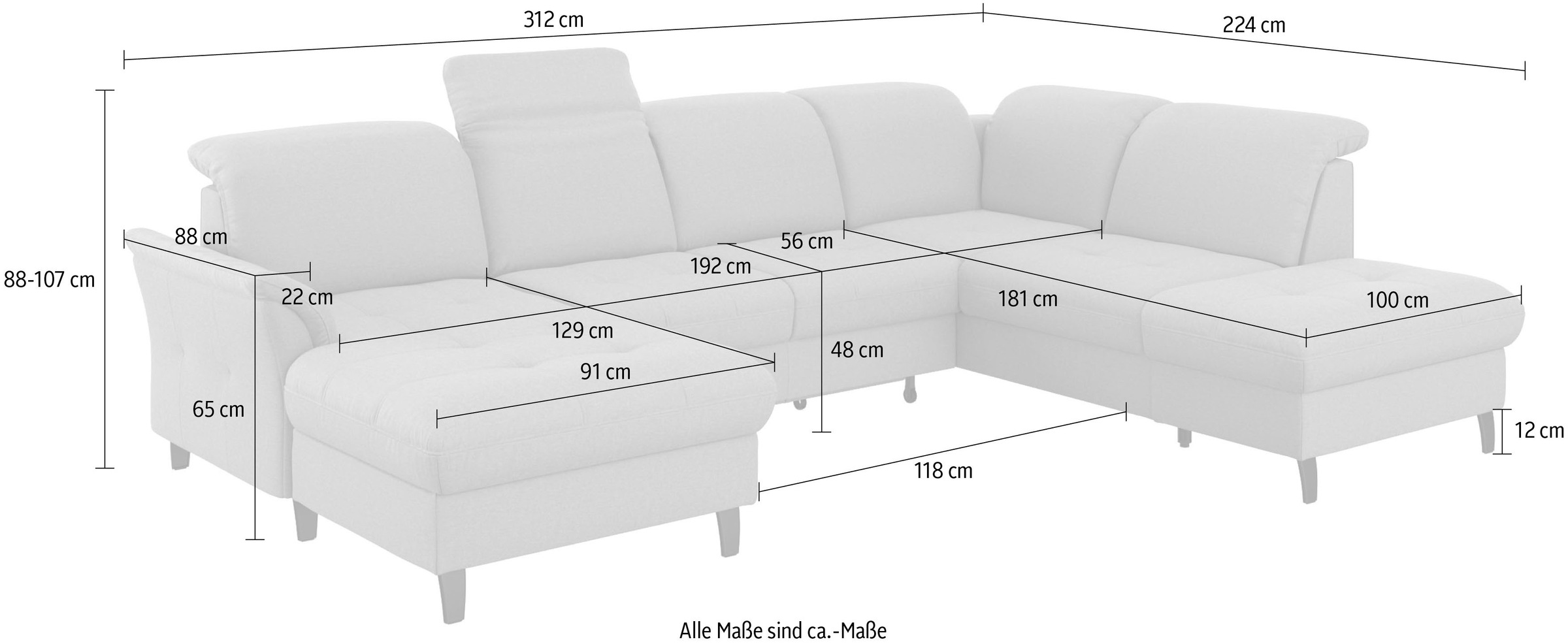 sit&more Wohnlandschaft »Maggiore U-Form«, wahlweise mit Kopfteilverstellung, Bettfunktion und Stauraum