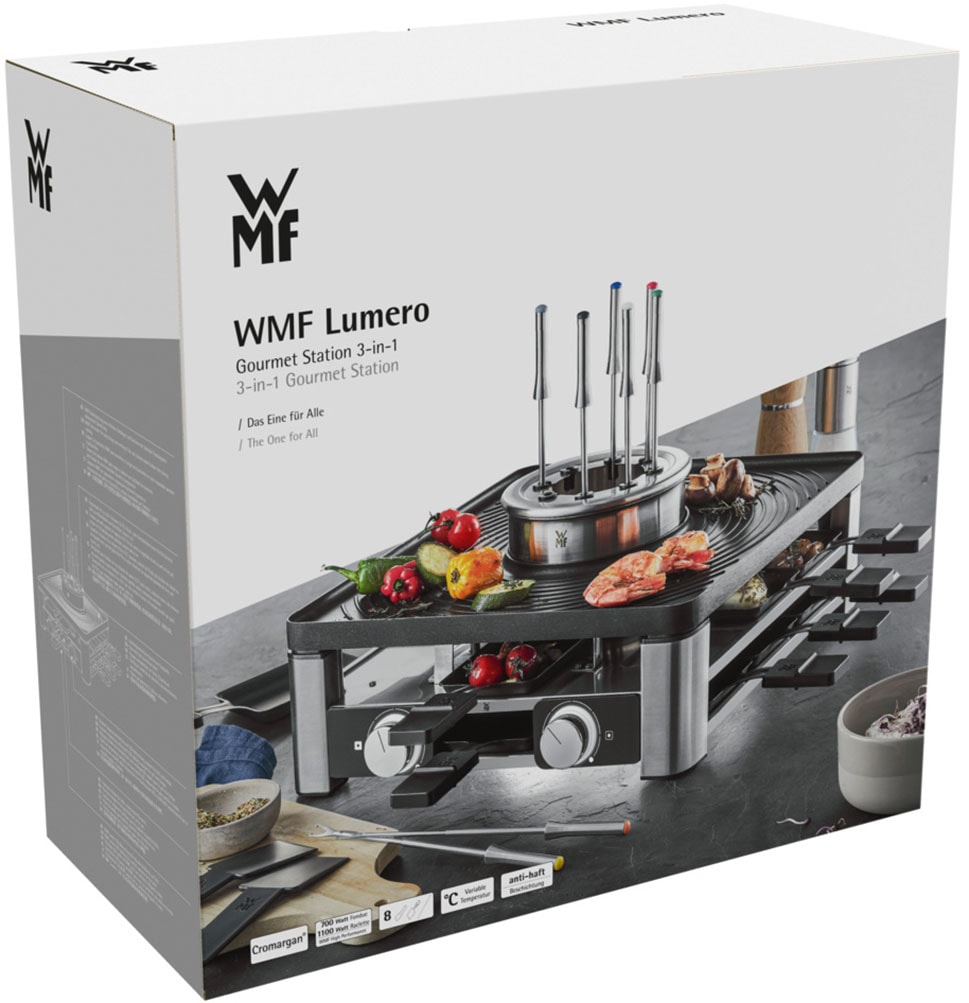WMF Raclette »Lumero Gourmet Station 3-in-1, Raclette, Fondue und Indoor-Grill«, 8 St. Raclettepfännchen, 1800 W, spülmaschinengeeignete Pfännchen/Platte, Spritzschutz, LED-Beleuchtung