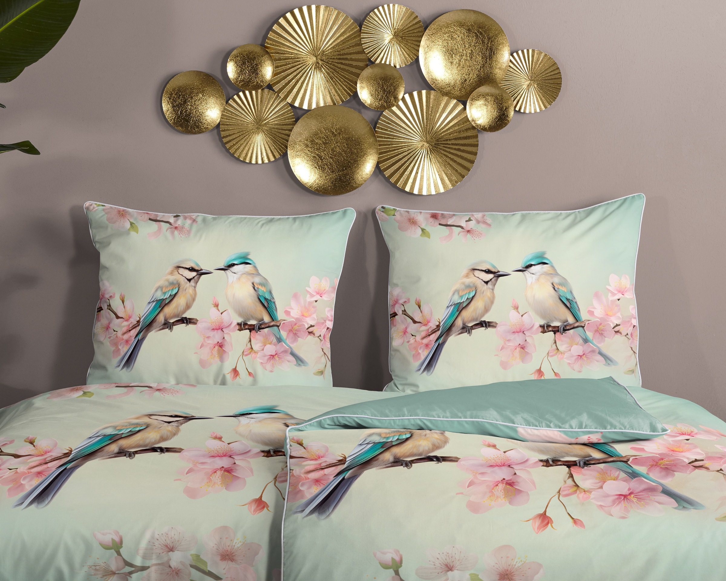Thumbnail - Descanso Wendebettwäsche "Minne" 2 Stk. Satin, Reißverschluss, Paspel, Biese, Wendeoptik, Luxe, Vogel, Mint