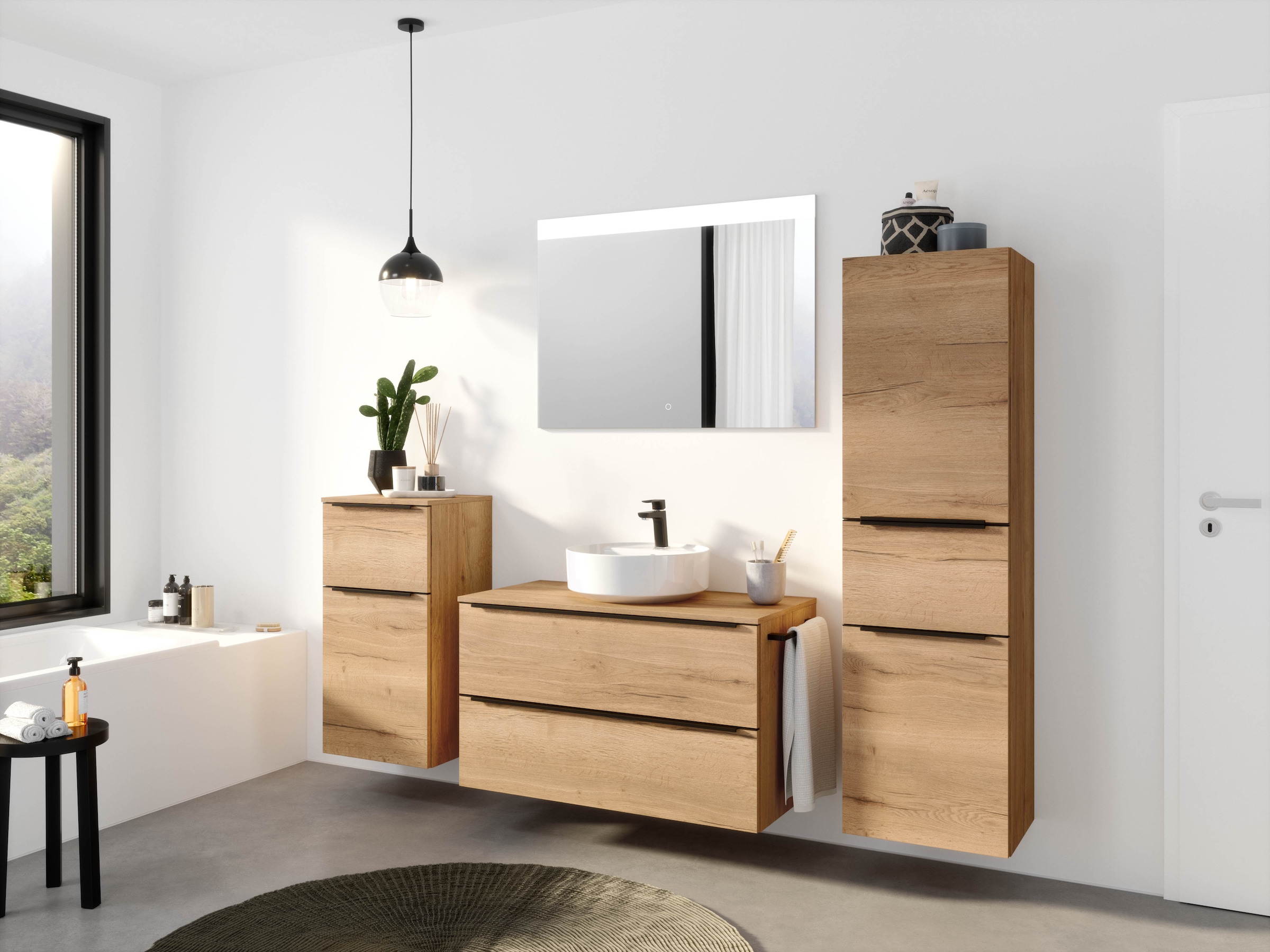 nobilia® Badmöbel-Set »Alvene«, (2 St., vormontiert, mit Soft-Close), inkl. Spiegel mit Touch-Sensor, in vier Breiten