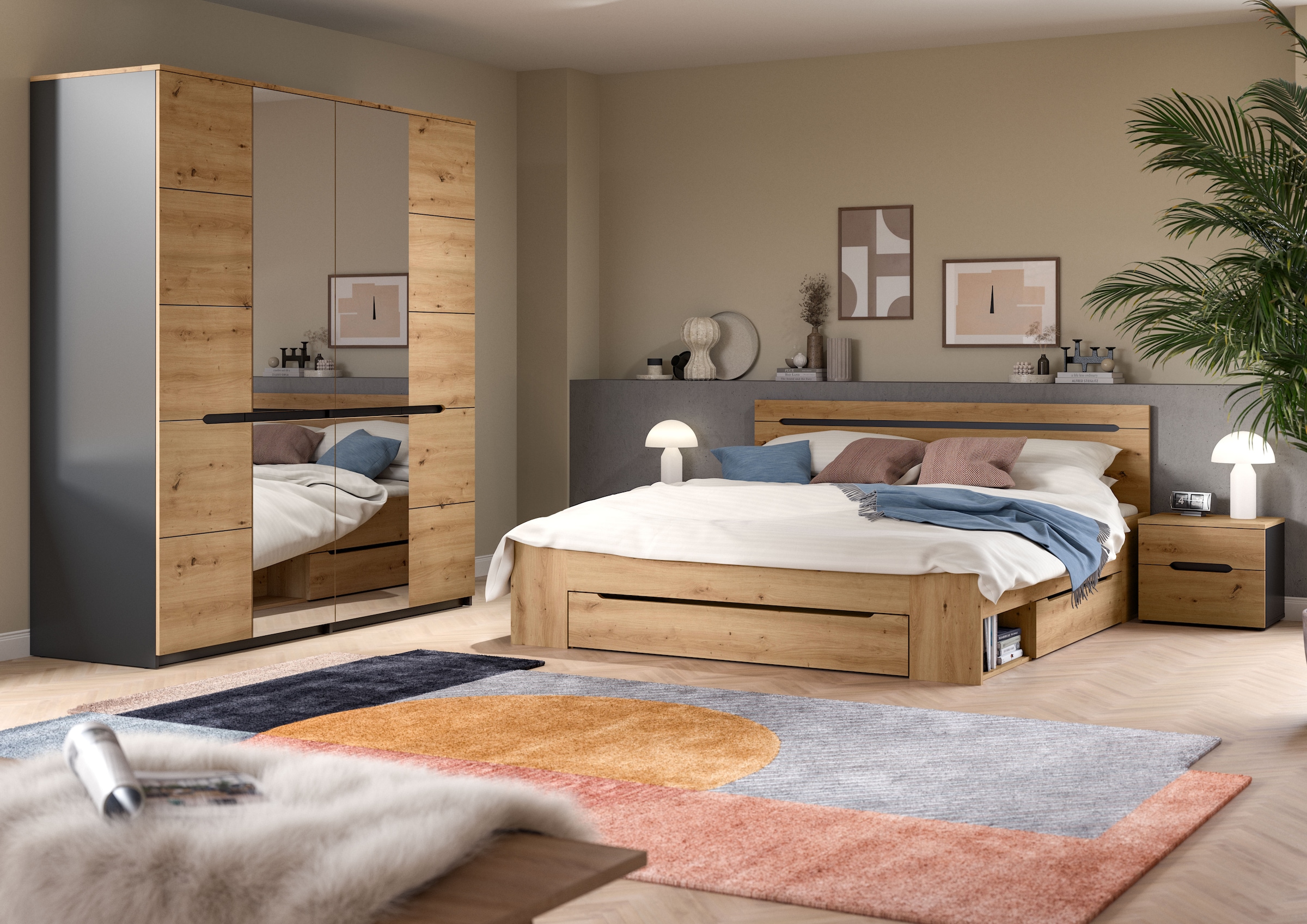 Home affaire Schlafzimmer-Set "REHAT, 4-teilig, best. aus: Bett, Kleiderschrank & 2x Nachtkommode" TOPSELLER, für Matratzengröße 140x200 cm, viel Stauraum