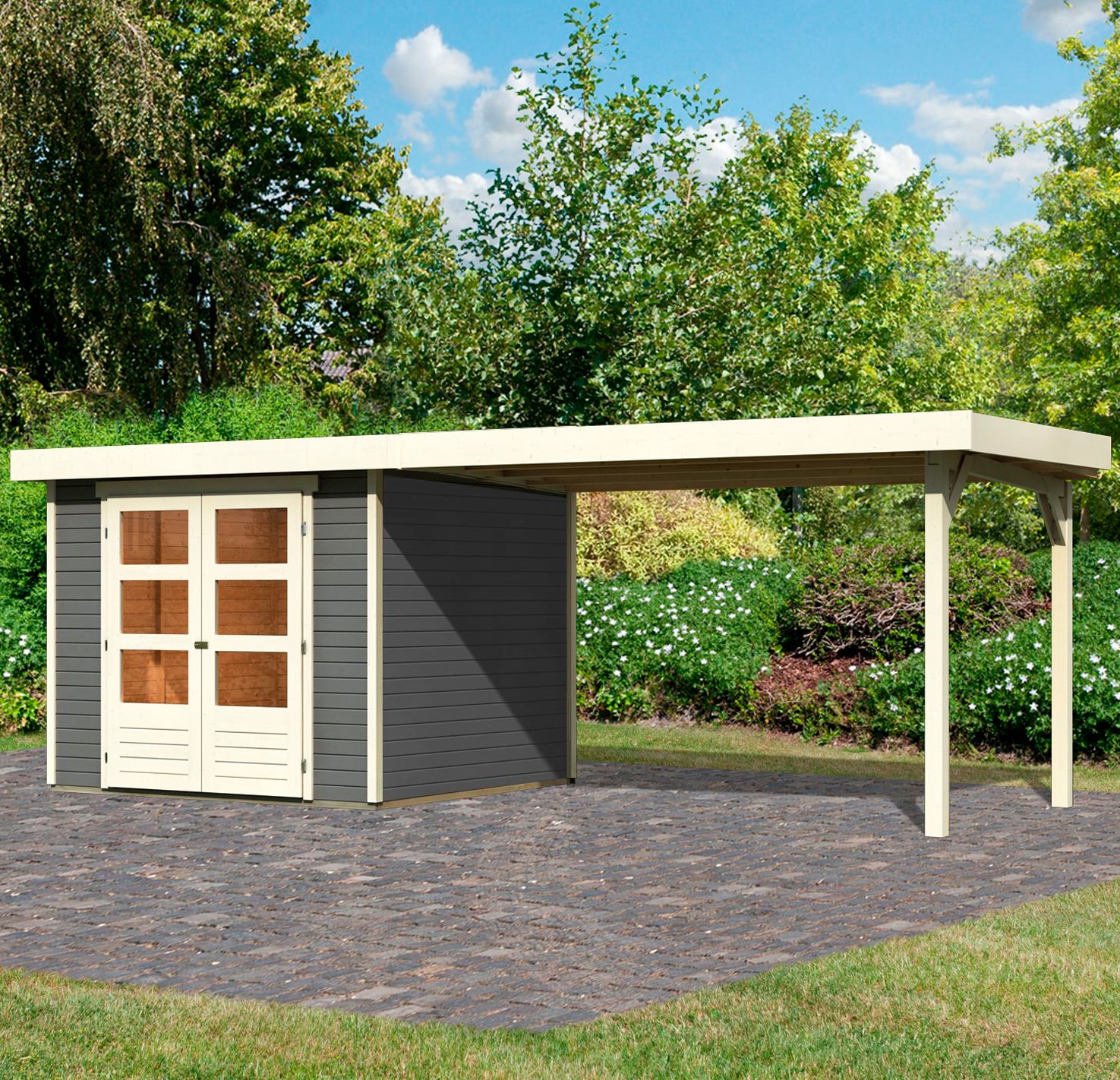 Karibu Gartenhaus "Arnis 3,5" mit Anbaudach 2,80 cm Breite günstig online kaufen
