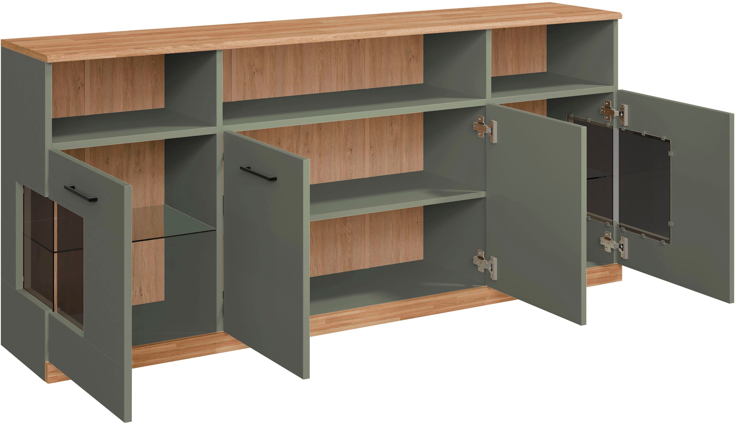 Home affaire Sideboard »Ribe,180cm breit,80cm hoch, 9 Fächer«, Oberplatte Eiche massiv,schwarze Metall Griffe,2 Türen mit Glaseinsatz