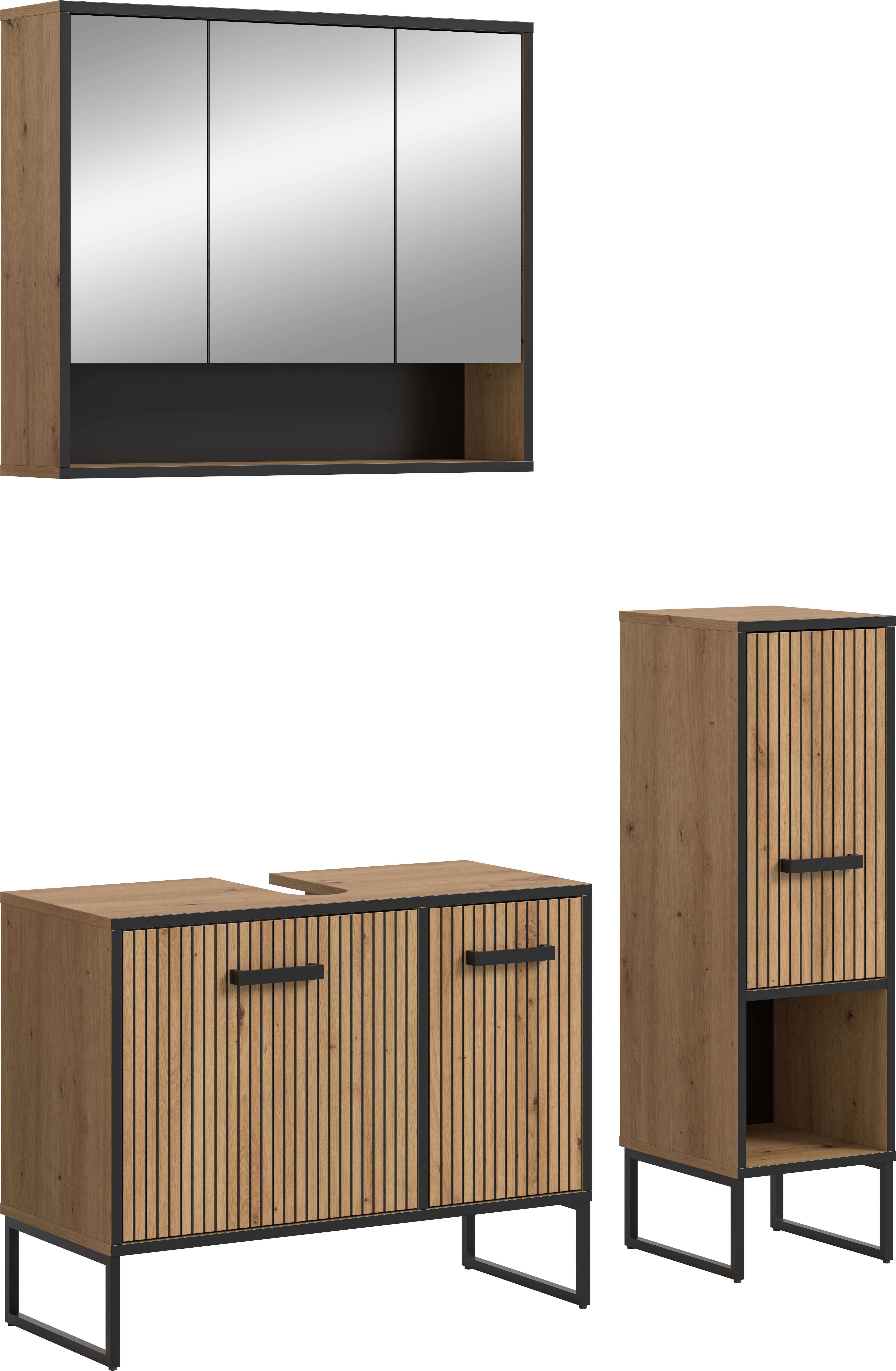 welltime Badmöbel-Set "LOCRI, 3-tlg. Badkombination, Breite 125 cm, Rillenoptik, Metallkufen" bestehend aus: Waschbeckenunterschrank, Spiegelschrank & Standschrank, 3 Stk. tlg.
