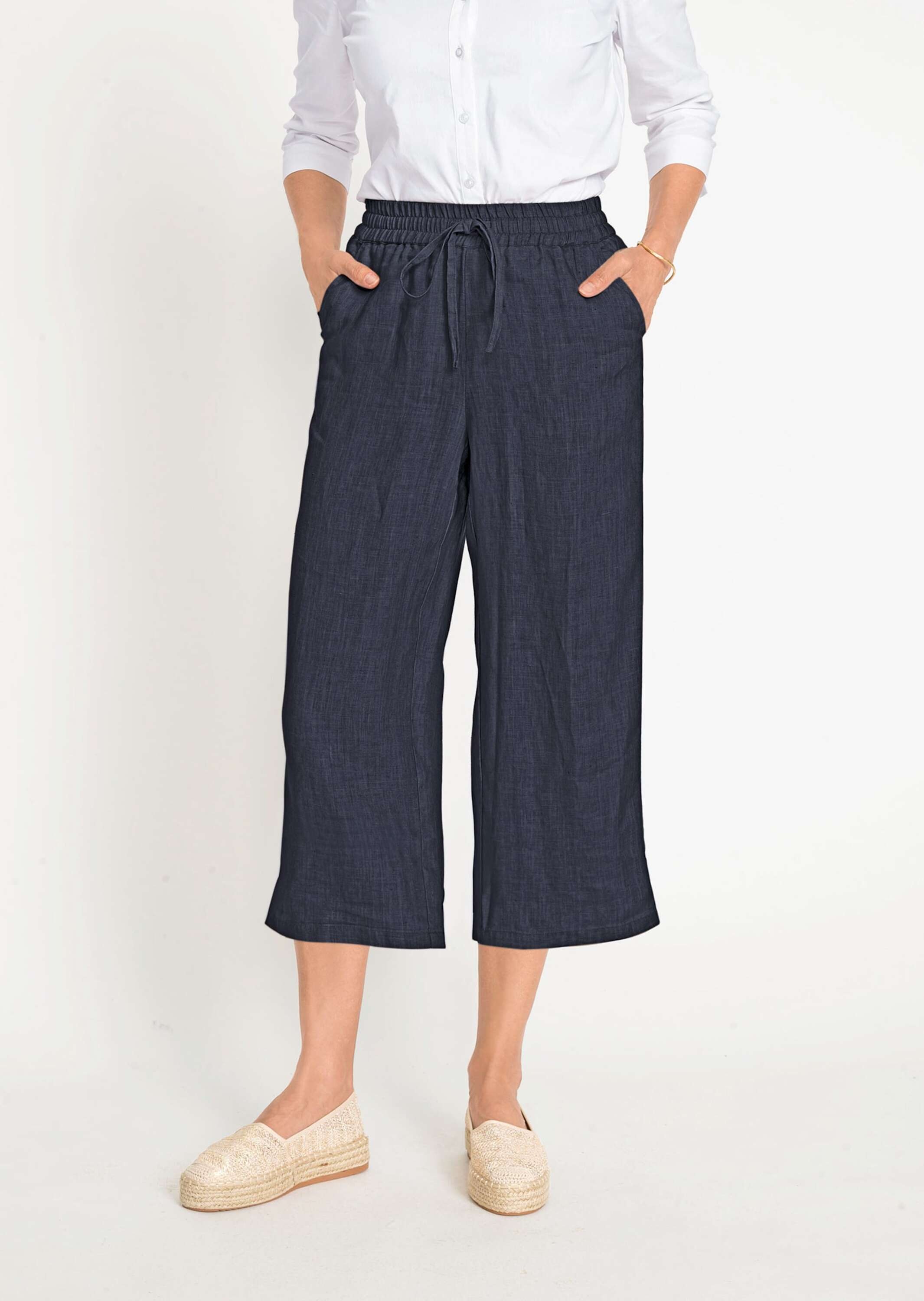 2-in-1-Hose GOLDNER "Kurzgröße Leinenhose", Damen, Gr. 22, K-Gr, blau (marine), Obermaterial: 100% Leinen LI., Hosen 3