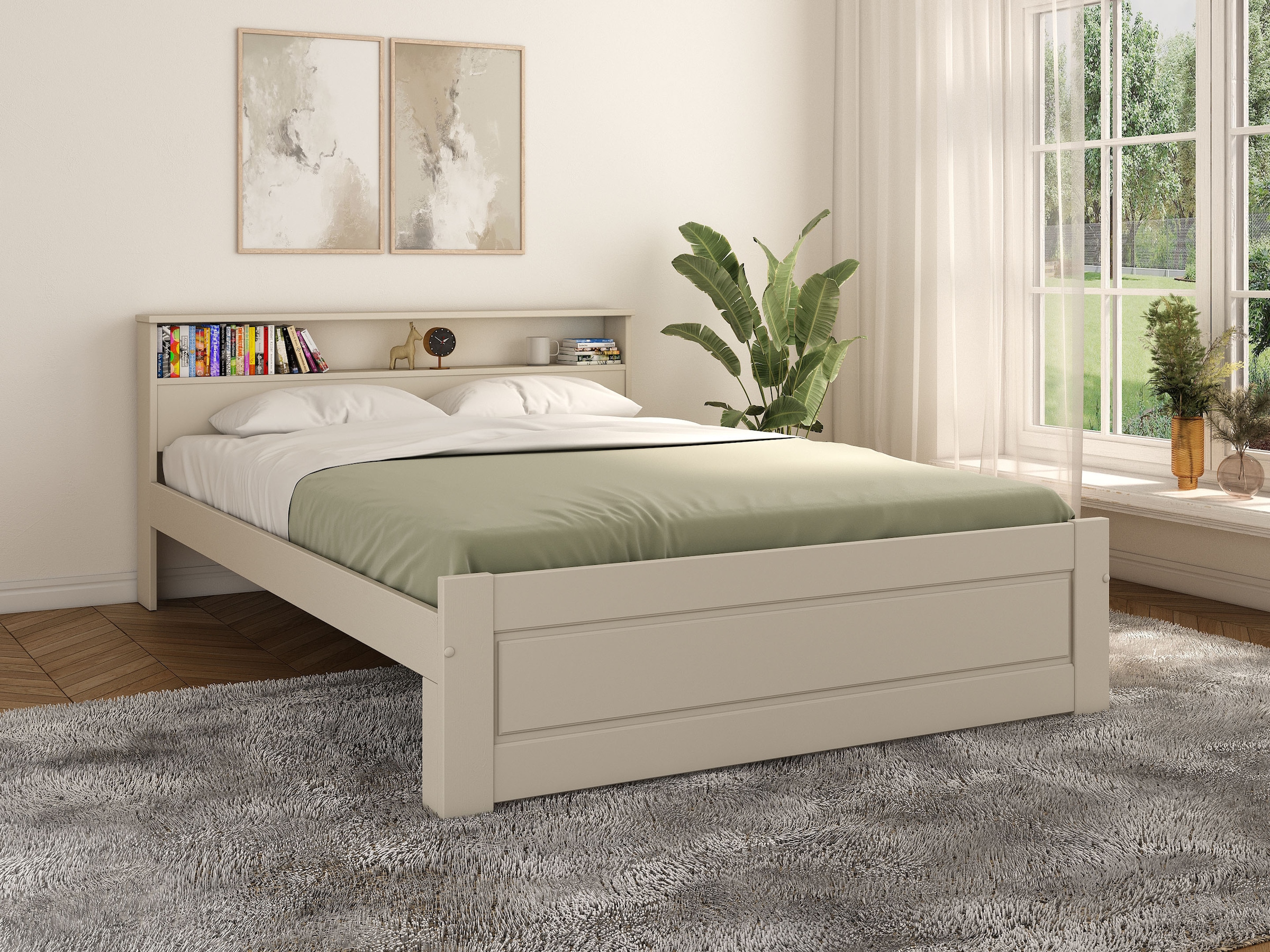 OTTO home Massivholzbett »FLAVION,  Jugendbett, Stauraum, FSC® zertifizierte Kiefer« Breite: 90, 140, 180,  Qualitätsprodukt, Regal, Kassettenoptik, Schublade optional