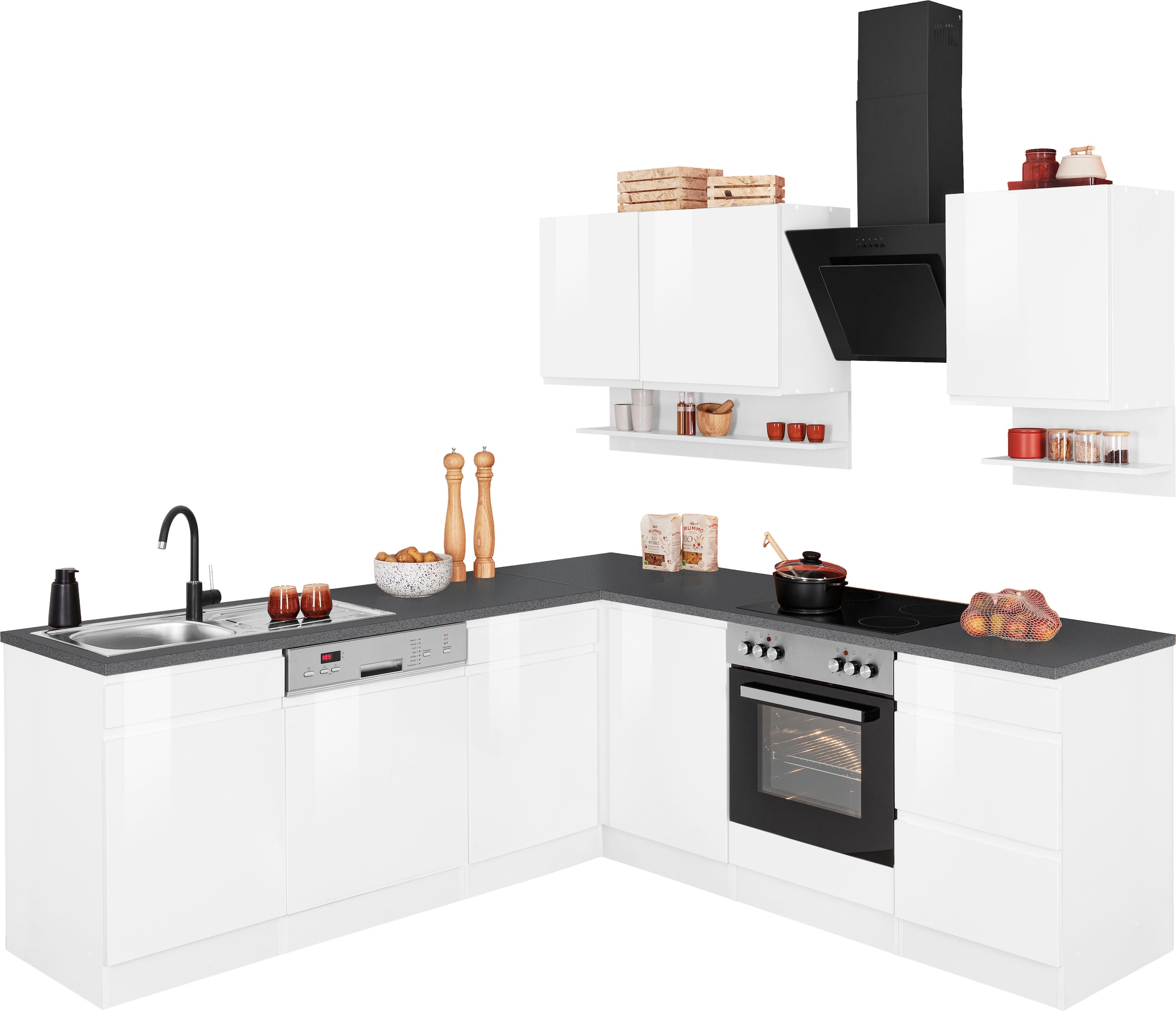 KOCHSTATION Winkelküche "KS-Virginia,neu in verbesserter Ausführung" Arbeitsplatte 38 mm stark, Stauraum, Softclose, Stellbreite 220/220 cm, Soft-Close,wahlweise mit E-Geräten