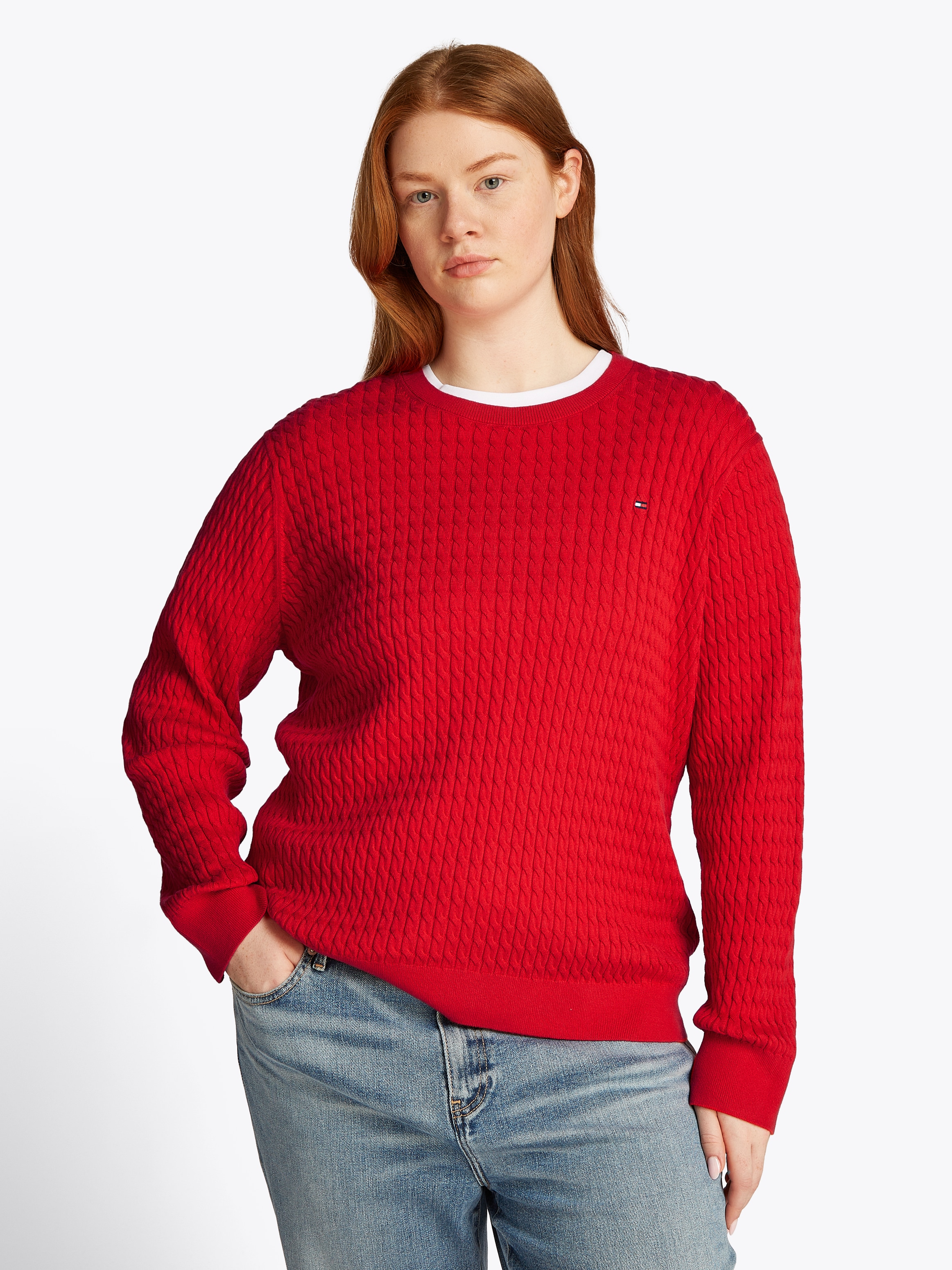 TOMMY HILFIGER Curve Rundhalspullover »CRV CO CABLE C-NK LS SWEATER«, in Großen Größen, Zopfmuster,...