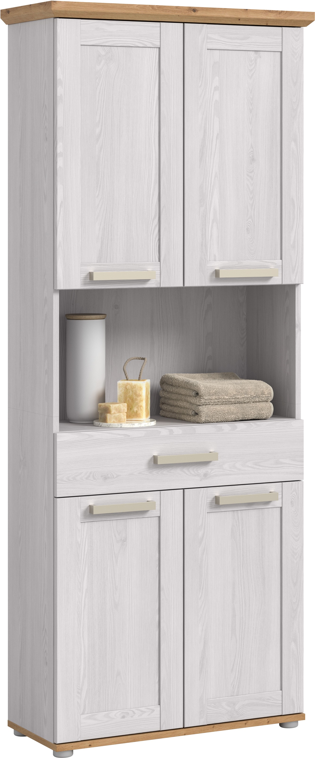 welltime Hochschrank "COSENZA, Höhe 187cm, 4 Türen, 1 Schubkasten, 1 offenes Fach" in Landhausoptik, mit weiteren Artikel der Serie kombinierbar, 1 Stk. tlg. Hochschrank, Bad, Badezimmerschrank