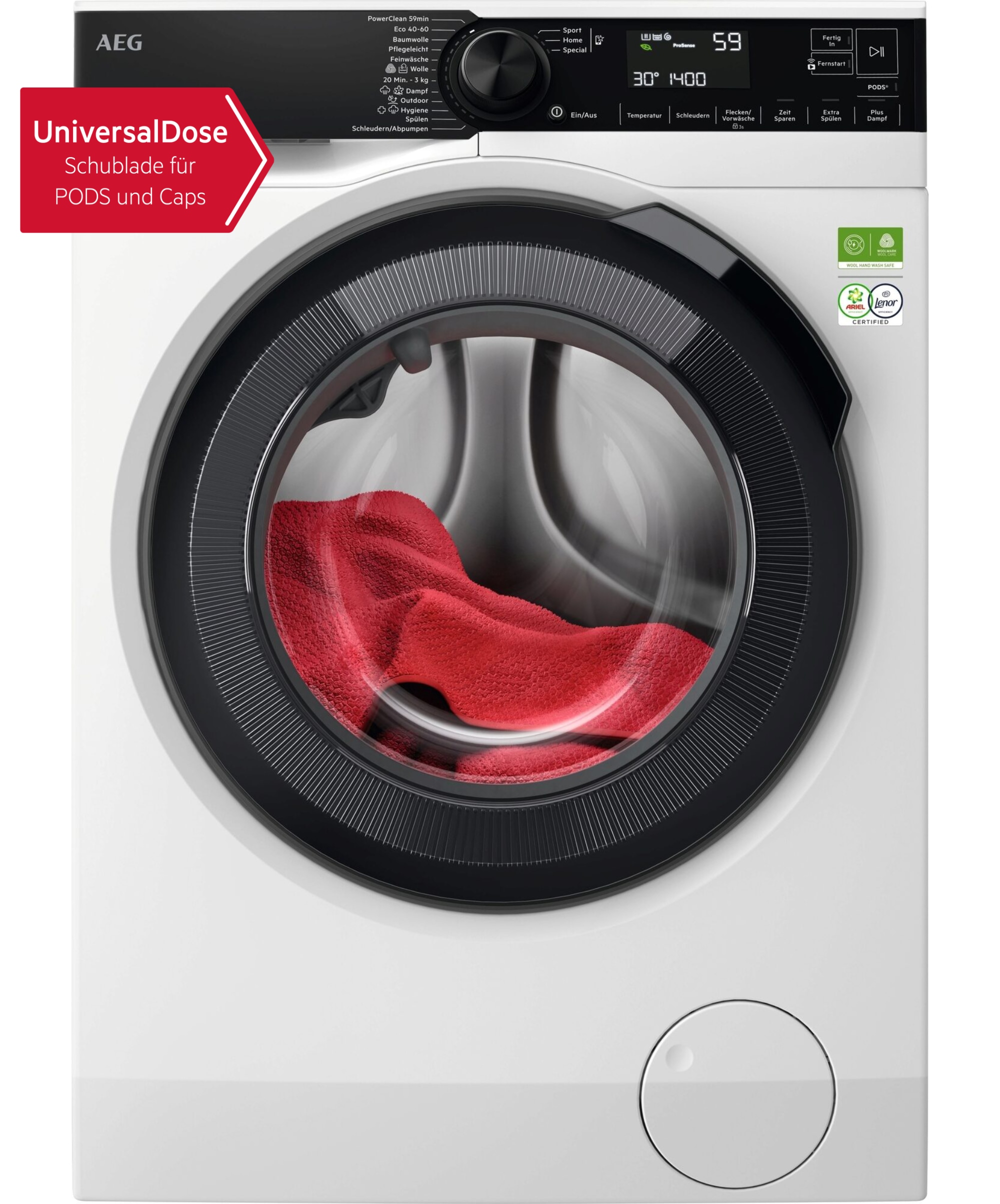 AEG 8000 PowerCare "LR8EW75400" 10 kg 1400 U/min PowerClean: Vollständige Fleckenentfernung in 59 Min-Programm bei 30C