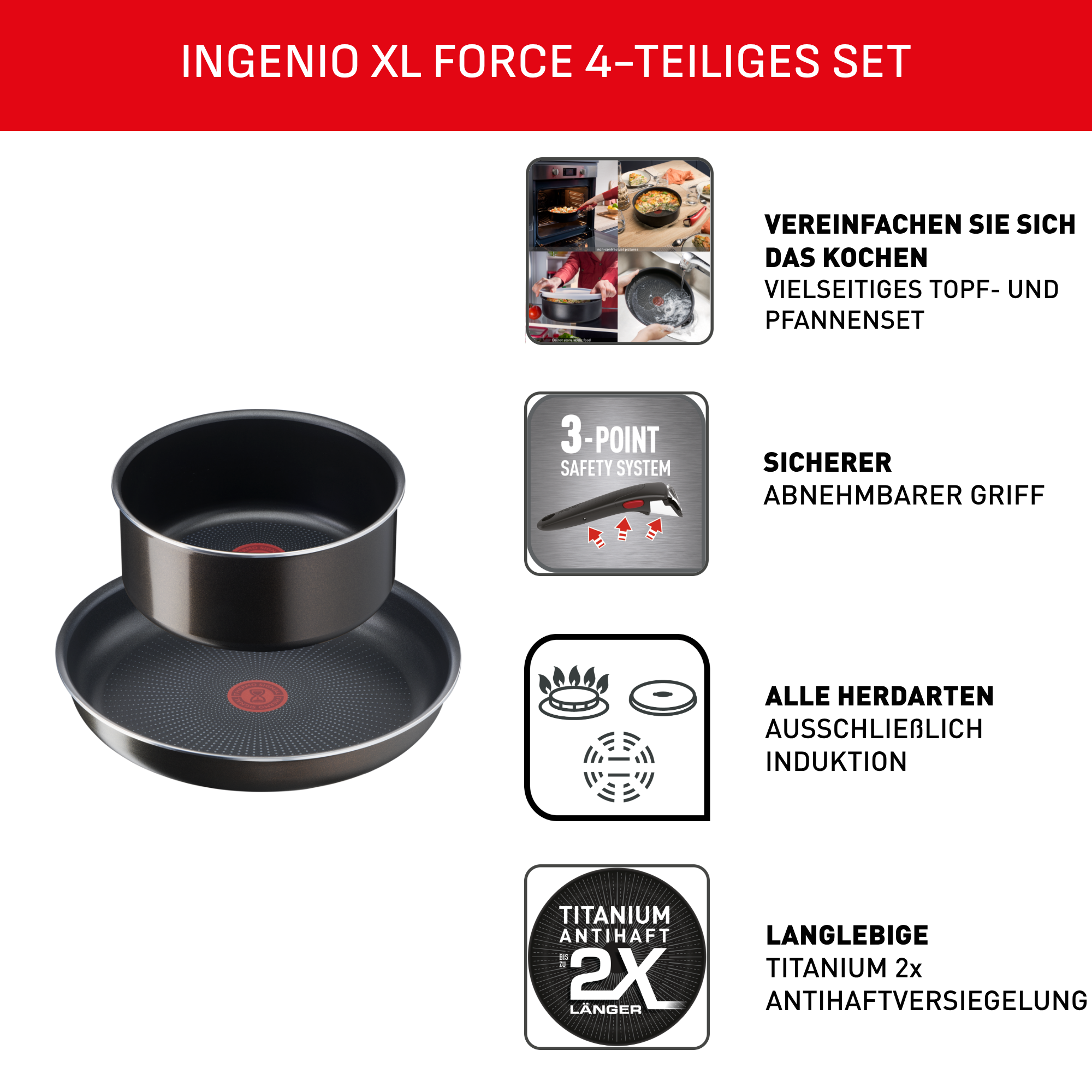 Tefal Topf-Set »Ingenio XL Force, Topfset abnehmbarer Griff, nicht induktionsgeeignet« Set, 3x Stielkasserollen Ø 16/18/20 cm, 1x abnehmbarer Griff, 4 Stk. tlg. Aluminium