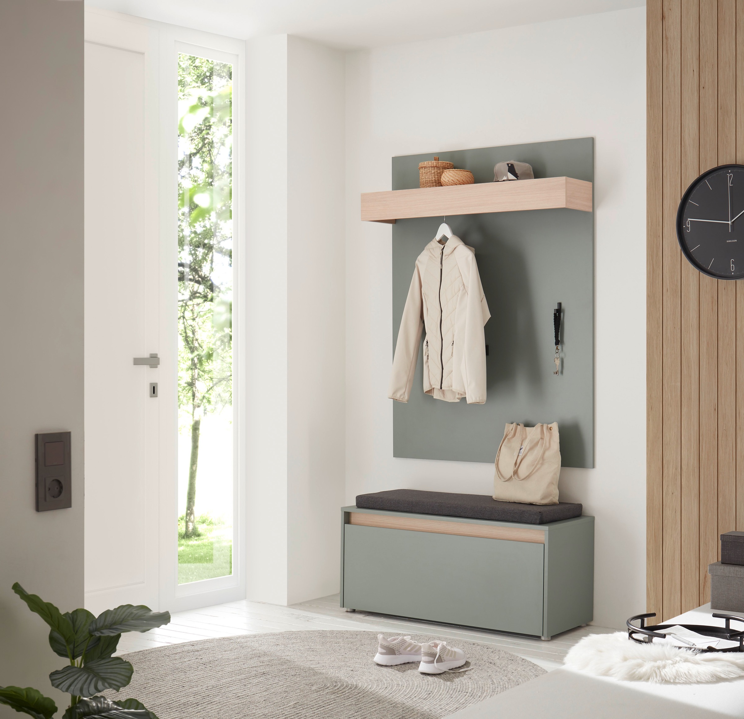 INOSIGN Garderoben-Set »GIRON/CiTY, moderne Garderobe, Komplettset mit viel Stauraum«, (Komplett-Set, 2 St.), enthält Garderobenpaneel & Schuhbank inkl. Sitzkissen, 100 cm breit