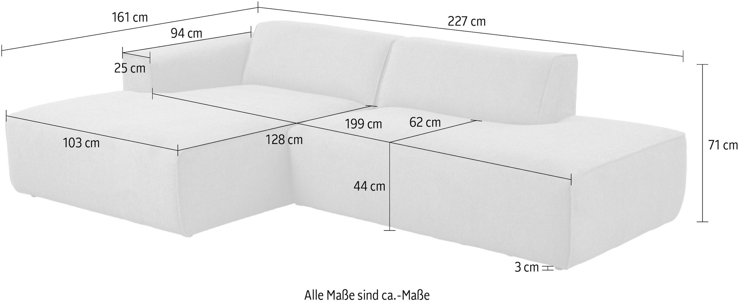 andas Ecksofa »Noord mit Kedernaht, Breite 227 cm«, Cord, Struktur, Webstoff, mit Wellenunterfederung, Massivholzrahmen