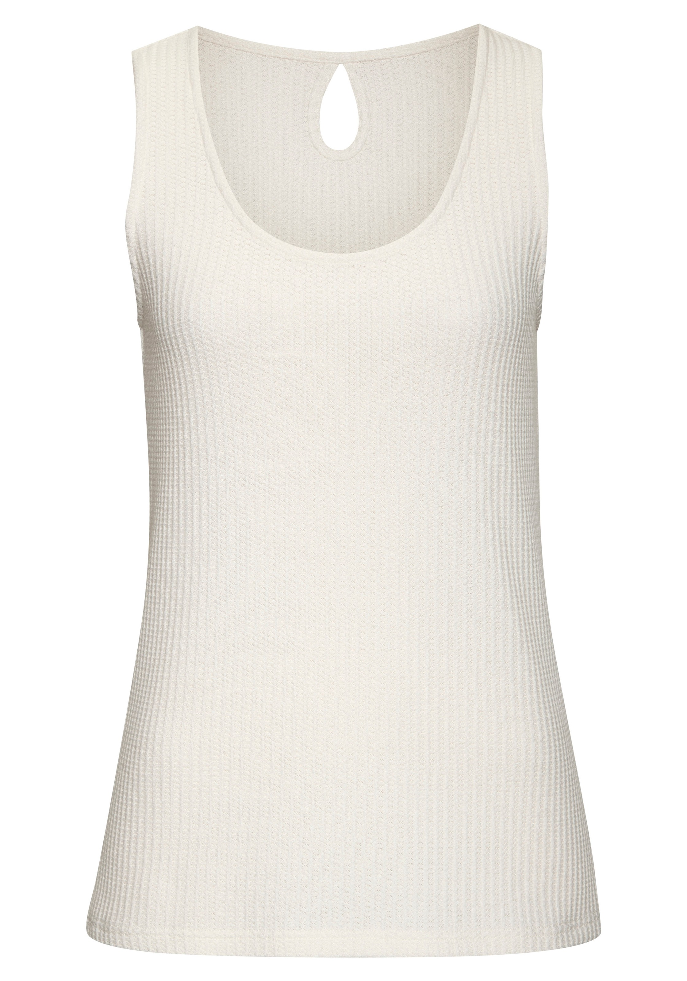 Trägertop VIVANCE "mit tropfenförmigem Cut-Out am Rücken", Damen, Gr. 48/50, beige (creme, schwarz), Piqué, Obermaterial: 69% Polyester (REPREVE), 28% Viskose, 3% Elasthan, Waffelmuster, unifarben, lässig geschnitten normal, Rundhals, Tops Trägertop, aus  3