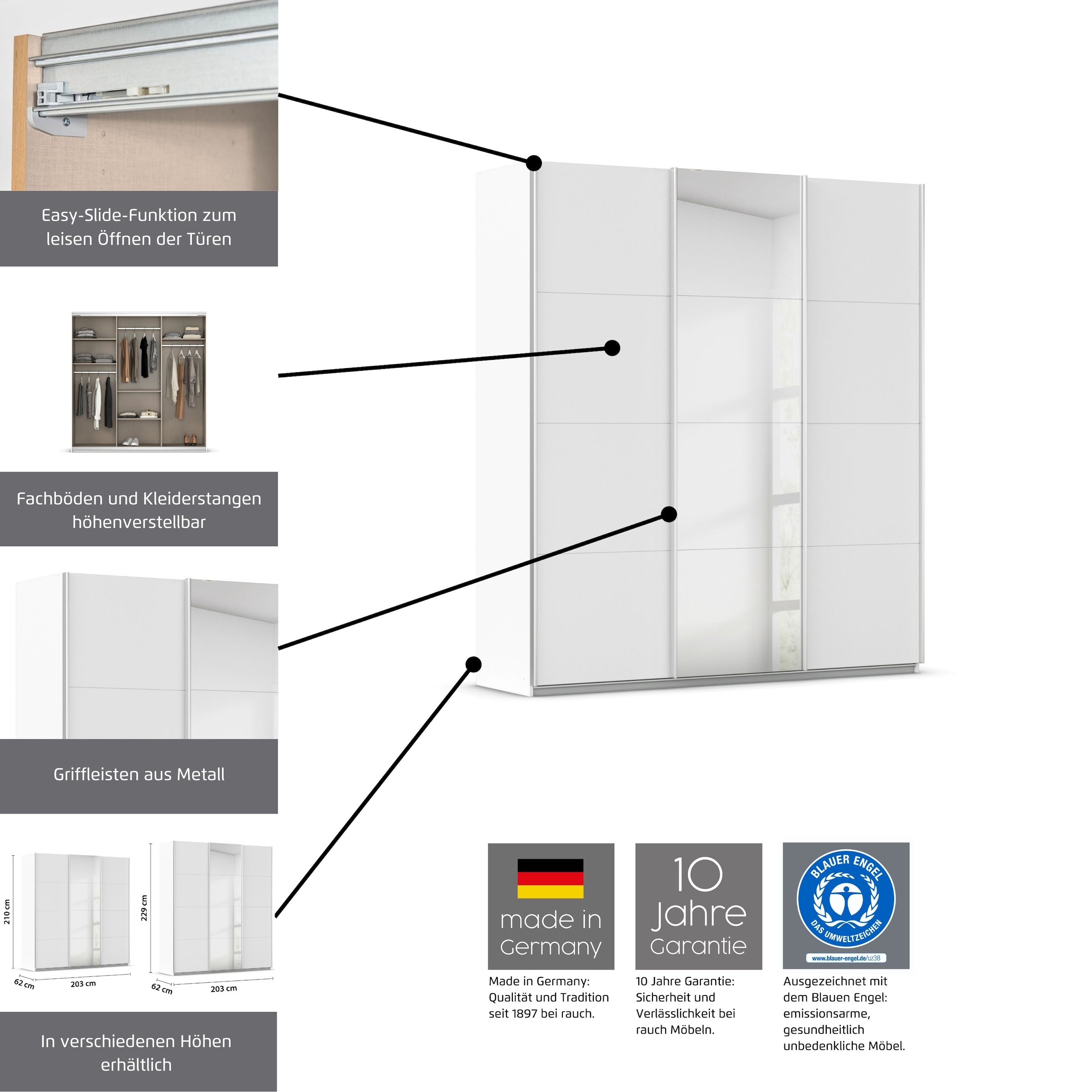 rauch Schwebetürenschrank »Kleiderschrank Schrank Garderobe AGORDO mit Dekor- oder Hochglanzfront«, (in zwei Griff-Farben), durchdachte Innenausstattung, in 4 Breiten und 2 Höhen MADE IN GERMANY