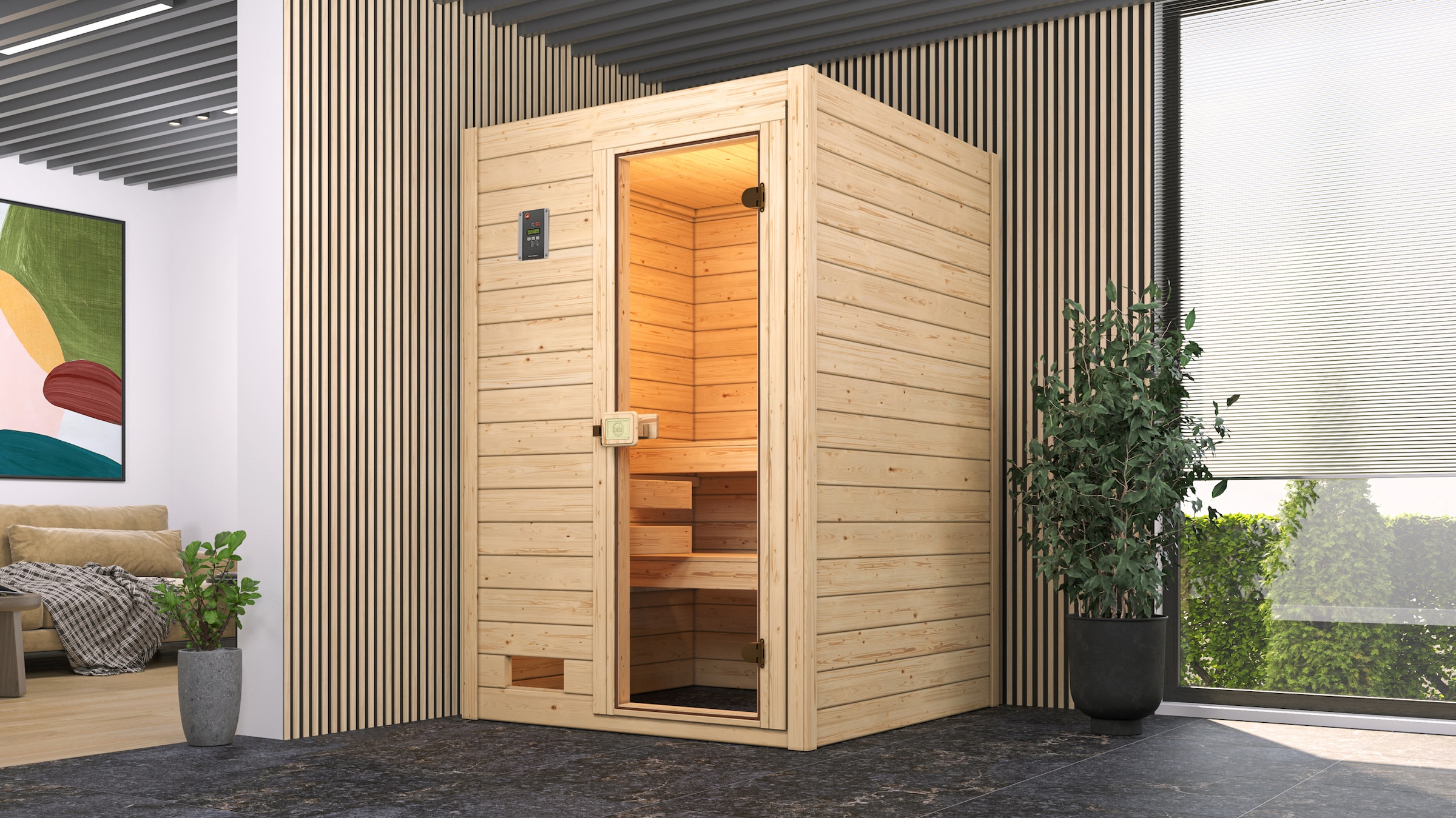 weka Sauna "Massivholzsauna VALIDA 1", Blockbohlen, moderne Ganzglastür