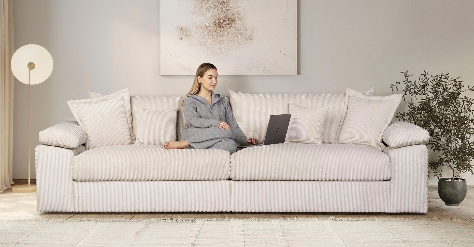 Big-Sofa HOME AFFAIRE "Soft&Cosy XXL, B: 303 cm - OTTO. Verlässliche Qualität.", cream, B:303cm T:123cm, 100% Polyester, Sofas, Big-Sofa, Mega-Sofa, Cord oder Chenille-Struktur, mit Federkern & 4 Zierkissen