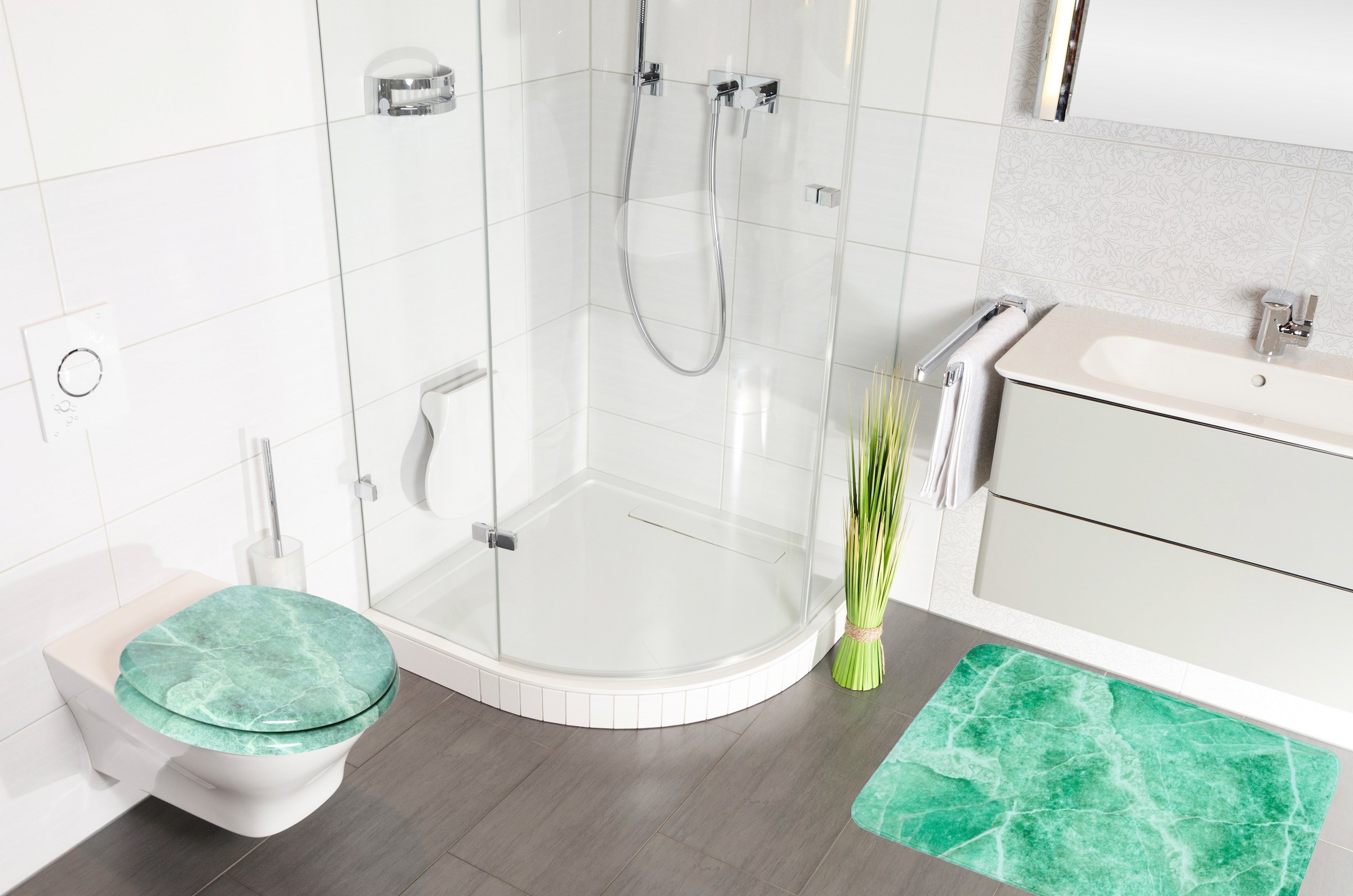 Sanilo Badaccessoire-Set »Marmor Grün«, (Komplett-Set, 3 tlg.), bestehend aus WC-Sitz, Badteppich und Waschbeckenstöpsel