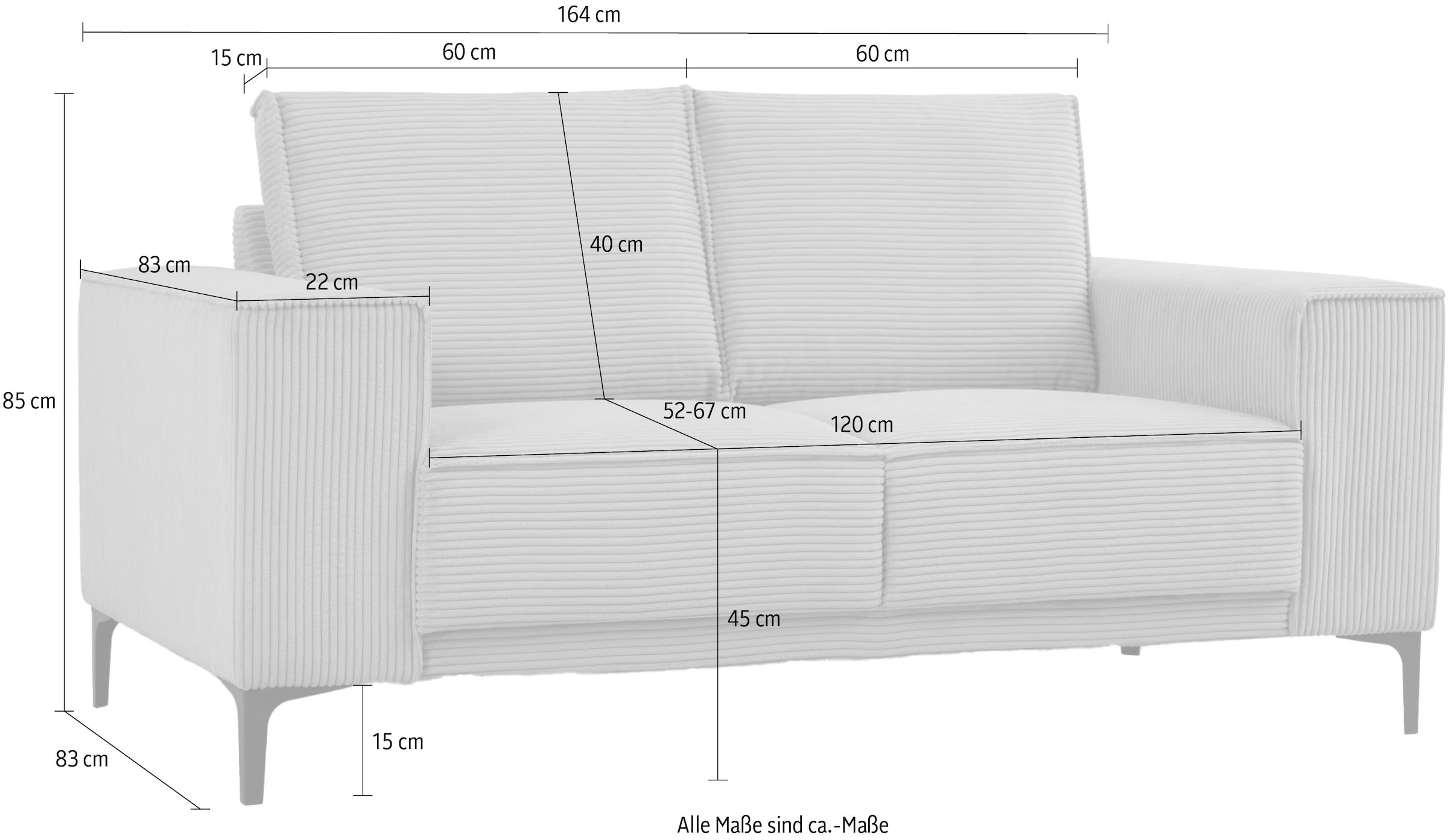 OTTO home 2-Sitzer »OLAND Cord, Sofa, B: 164 cm, Skandi-Design« 164 cm, Wellenunterfederung, Skandi-Design, Metallfüße