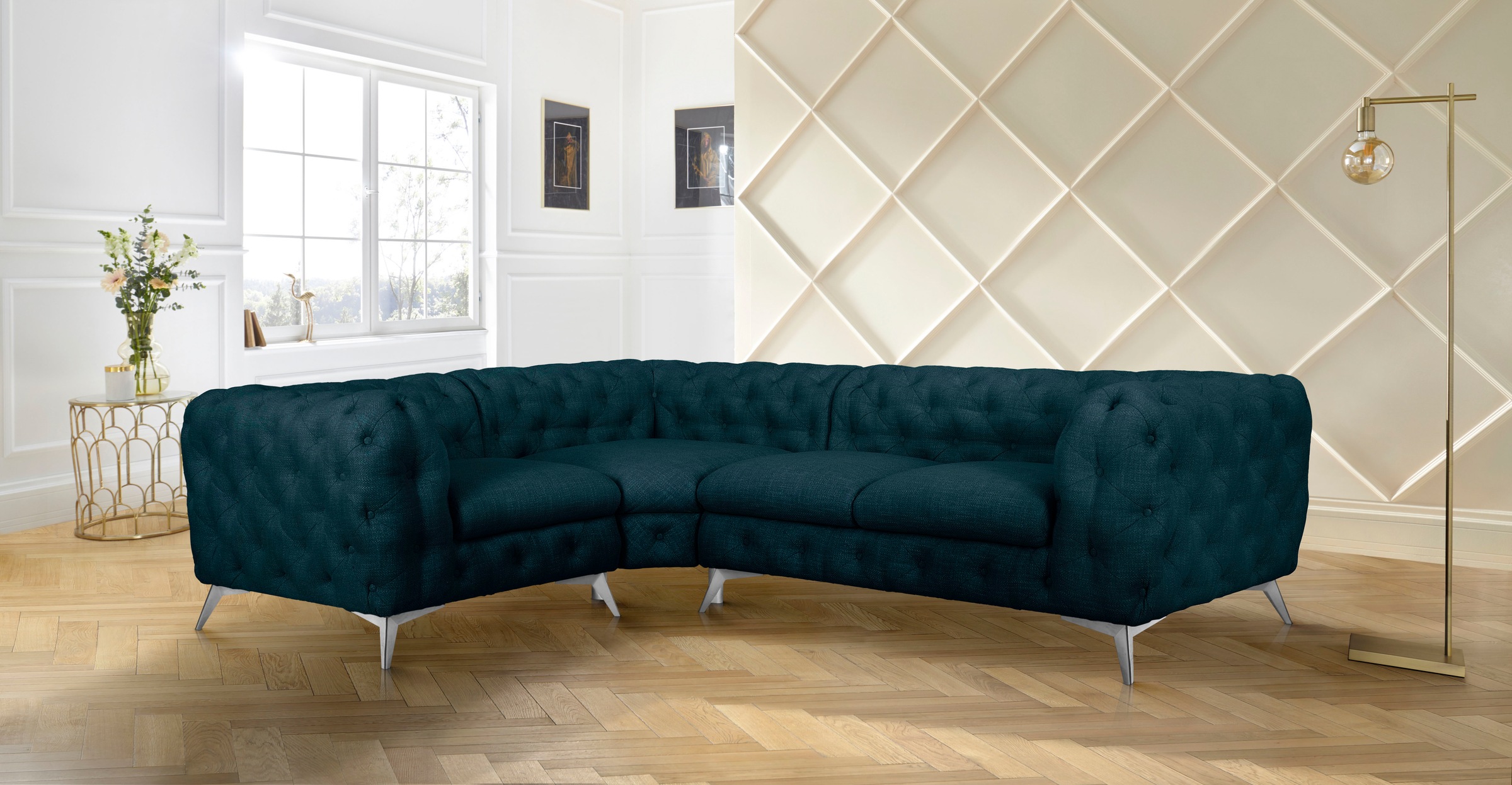 Leonique Chesterfield-Sofa »Ecksofa GLYNIS L-Form mit Wellenunterfederung, Maße B/T/H 264/204/75cm«, aufwändige Knopfheftung, moderne Chesterfield Optik, Fußfarbe wählbar
