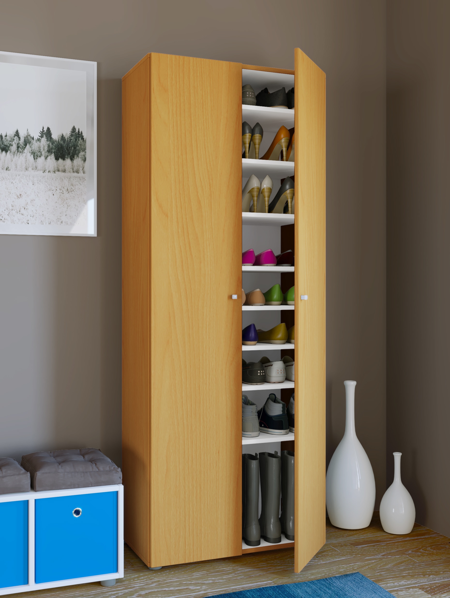 VCM Schuhschrank »VCM Holz-Schuhschrank | Maße: B. 70 x H. 178 x T. 40 cm | Allzweckschrank | 9 Fächer - Vandol«, (1 St.)