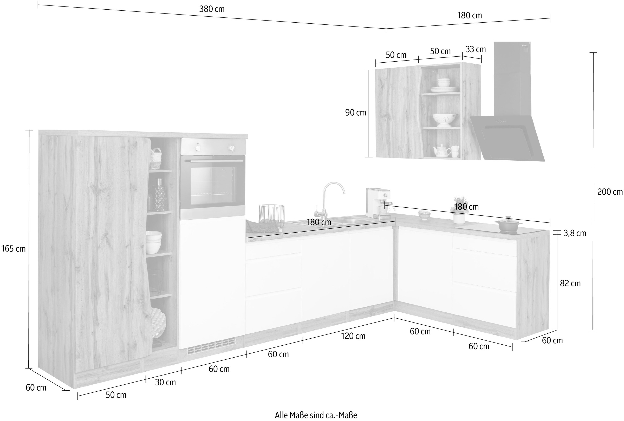 Kochstation Küche »KS-Bruneck«, Stellbreite 380/180 cm breit, Ceran oder Induktionskochfeld, MDF