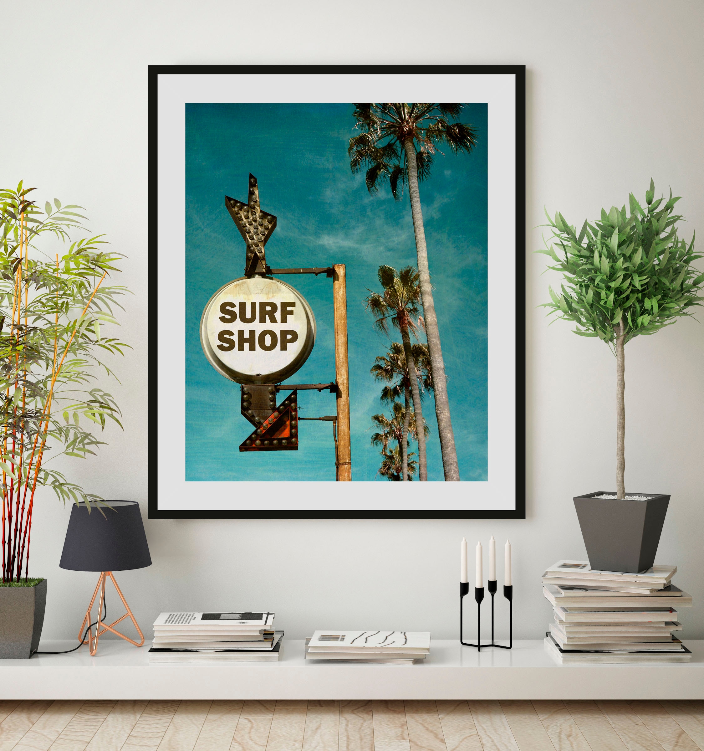 queence Bild "SURF SHOP", (1 St.), HD Premium Poster-Druck inkl. Holzrahmen günstig online kaufen