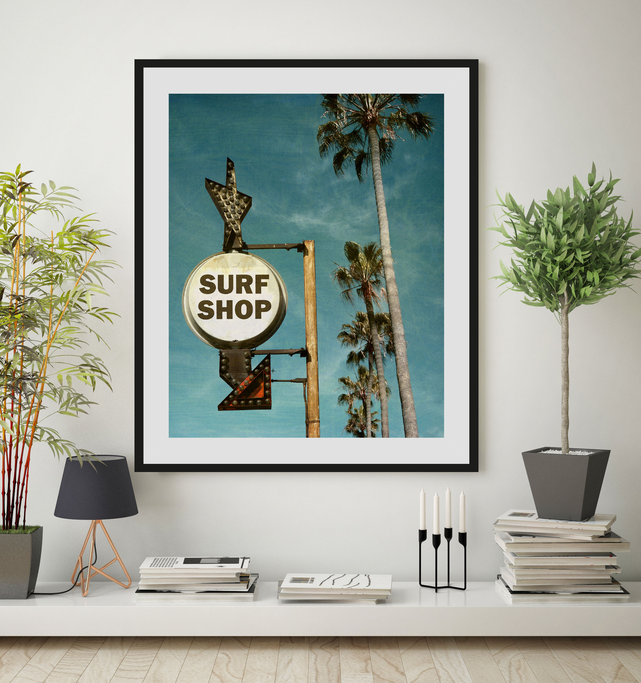 queence Bild "SURF SHOP" Palmen Schilder Strand 1 Stk. tlg. HD Premium Poster-Druck inkl. Holzrahmen