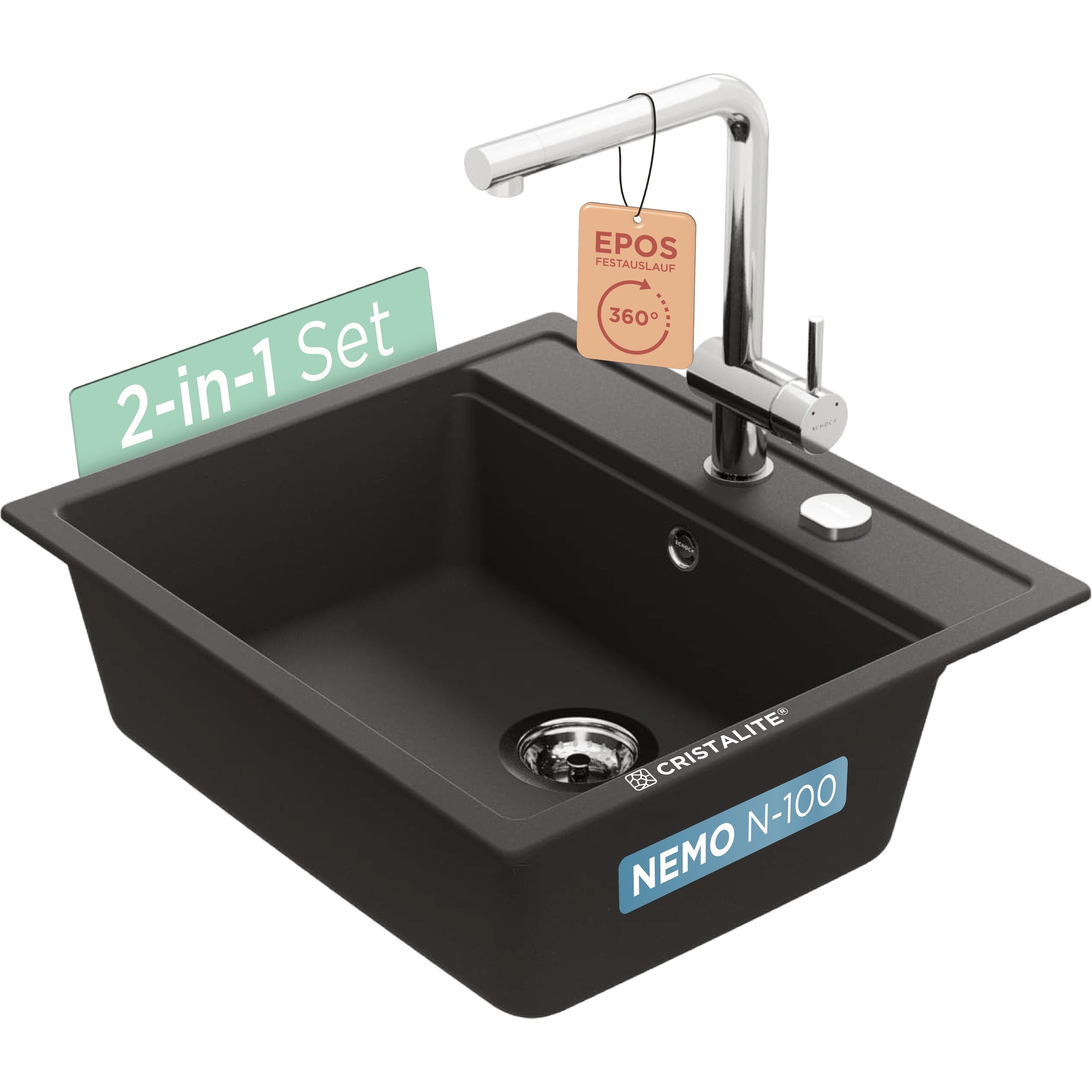 SCHOCK Granitspüle "Nemo N-100 und Armatur Epos", mittig, schwarz, Küchenspülen, bestehend aus Spüle und Armatur