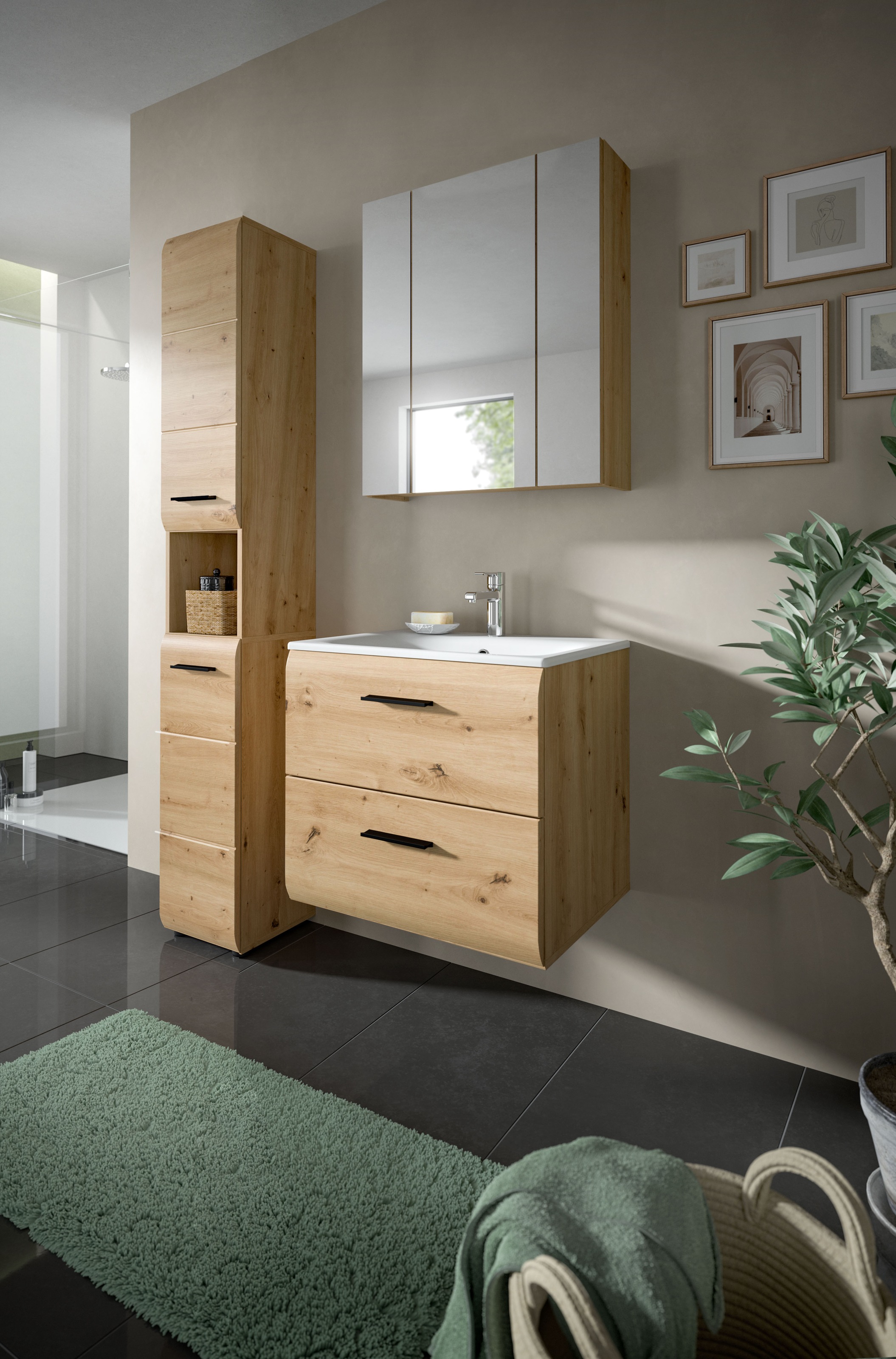 INOSIGN Badezimmer-Set, (Set, 4 St.), Florenz, Badkombination 4-tlg., Artisan Oak NB, inkl. Waschbecken