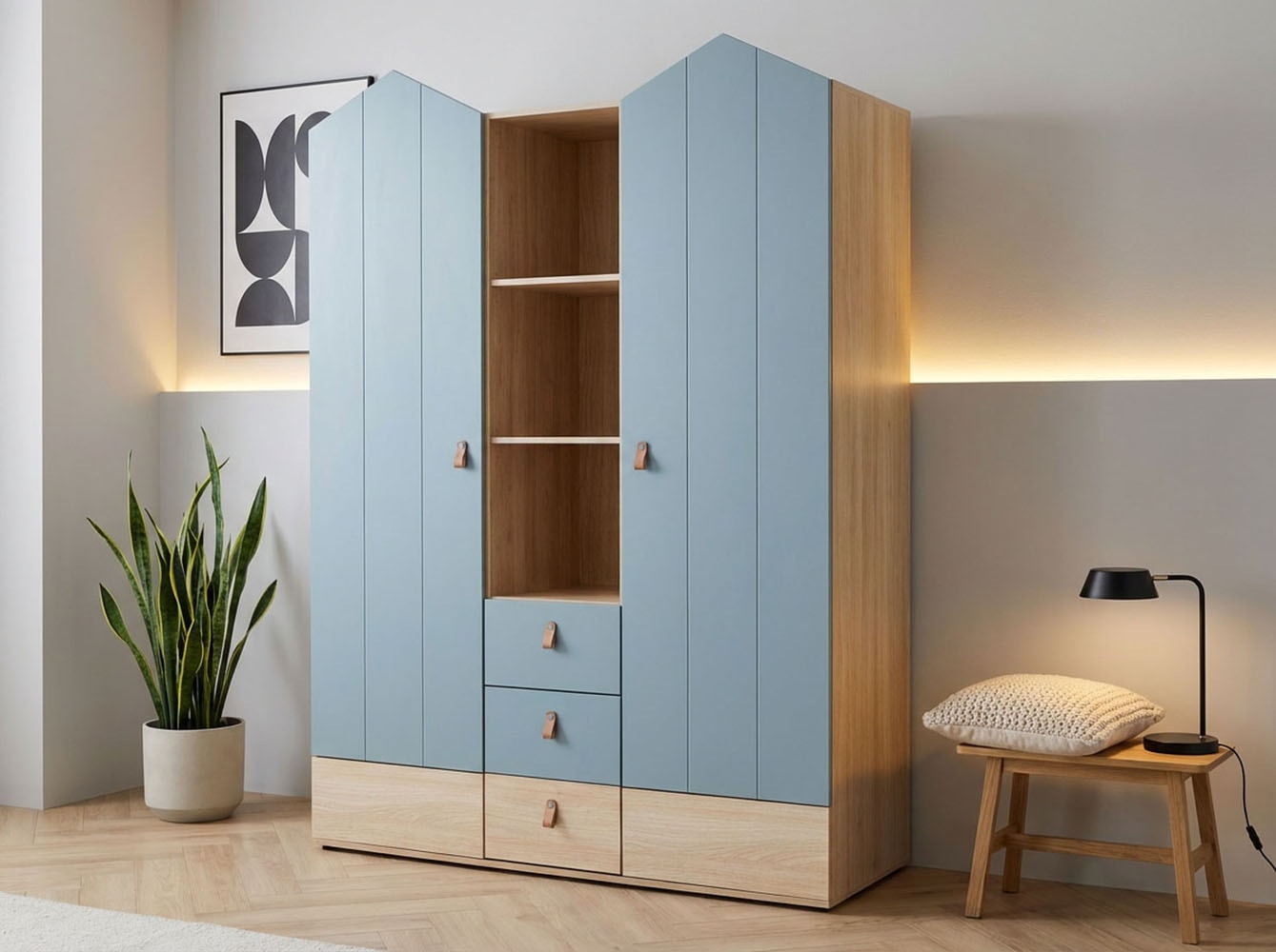 OTTO home Kleiderschrank "Hennix skandinavisches Spitzdach-Design mit Soft-Close, viel Stauraum" H/B/T ca. 200/150/51cm, 3 Schubladen, Made in Germany, variable Einlegeböden