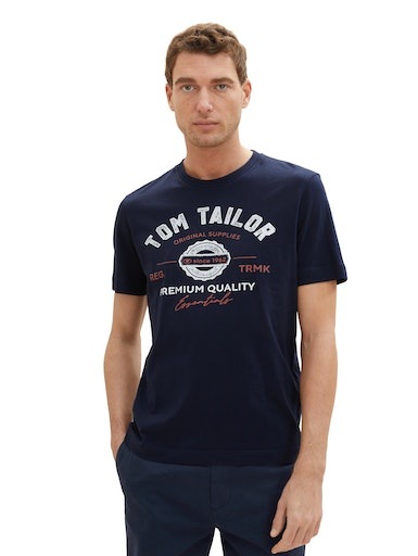 TOM TAILOR Damen T-Shirt, blau, Gr. L, bedruckt, Single Jersey, Obermaterial: 100% Baumwolle, Shirts, mit großem Logofrontprint