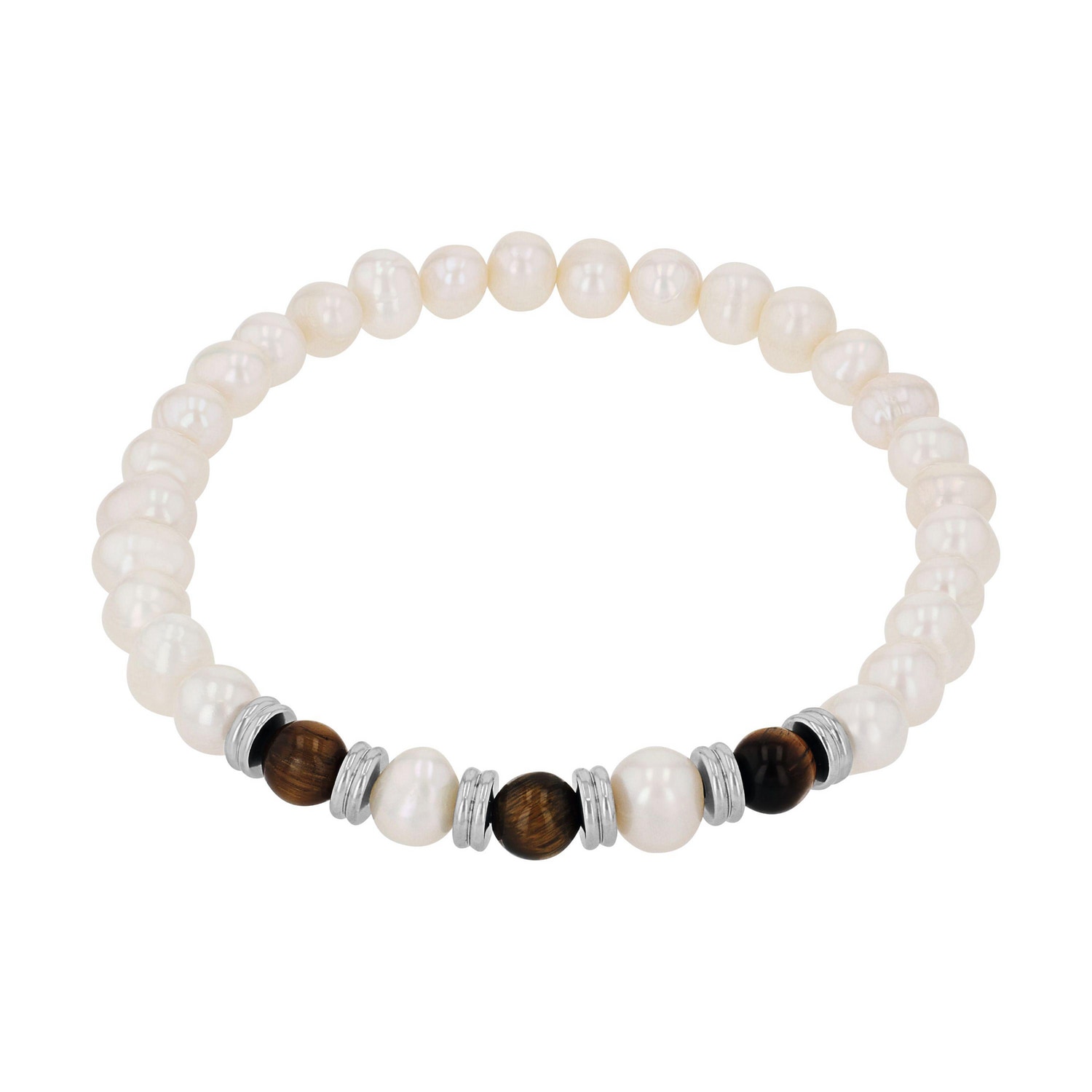 Armband AMOR, edelstahlfarben, braun, braun, Armbänder, Damen, 21cm, Edelstahl Perlen, Edelstahl, Perlen, Armband, mit Tigerauge - mit Süßwasserzuchtperle