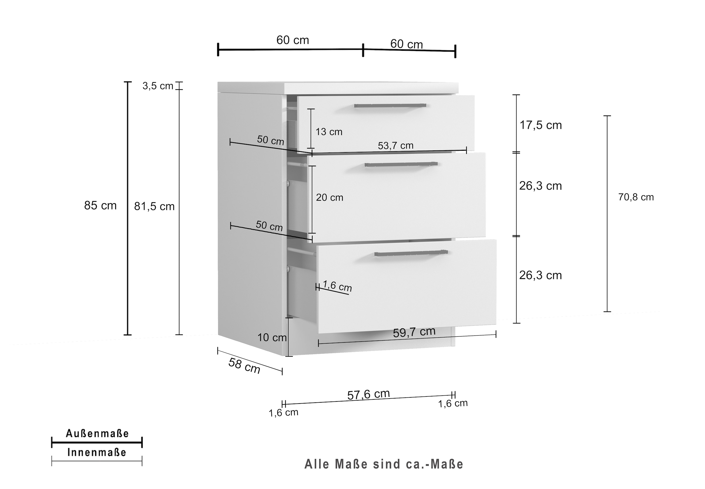 KOCHSTATION Unterschrank »Luna, Küchenunterschrank, Unterschrank mit Schubladen, Made in Italy« B/T/H: 60 × 60 × 85 cm, mit 3 Schubkästen, 3,5 cm starke Oberplatte