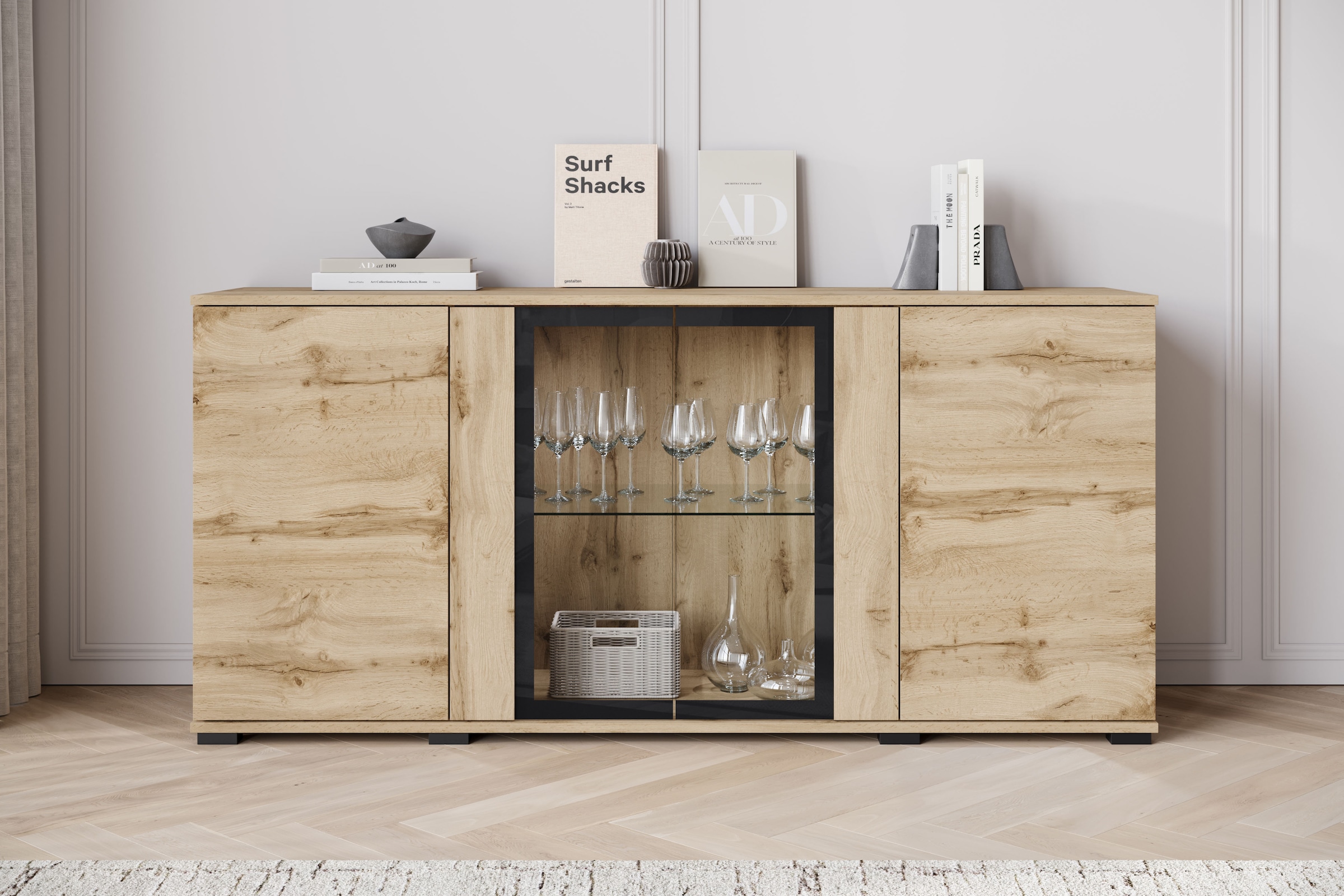 INOSIGN Sideboard »Caro, modernes Design mit Glaseinsätzen, Breite 150 cm«, (1 St.), Grifflose Fronten mit Push-to-Open, höhenverstellbare Einlegeböden