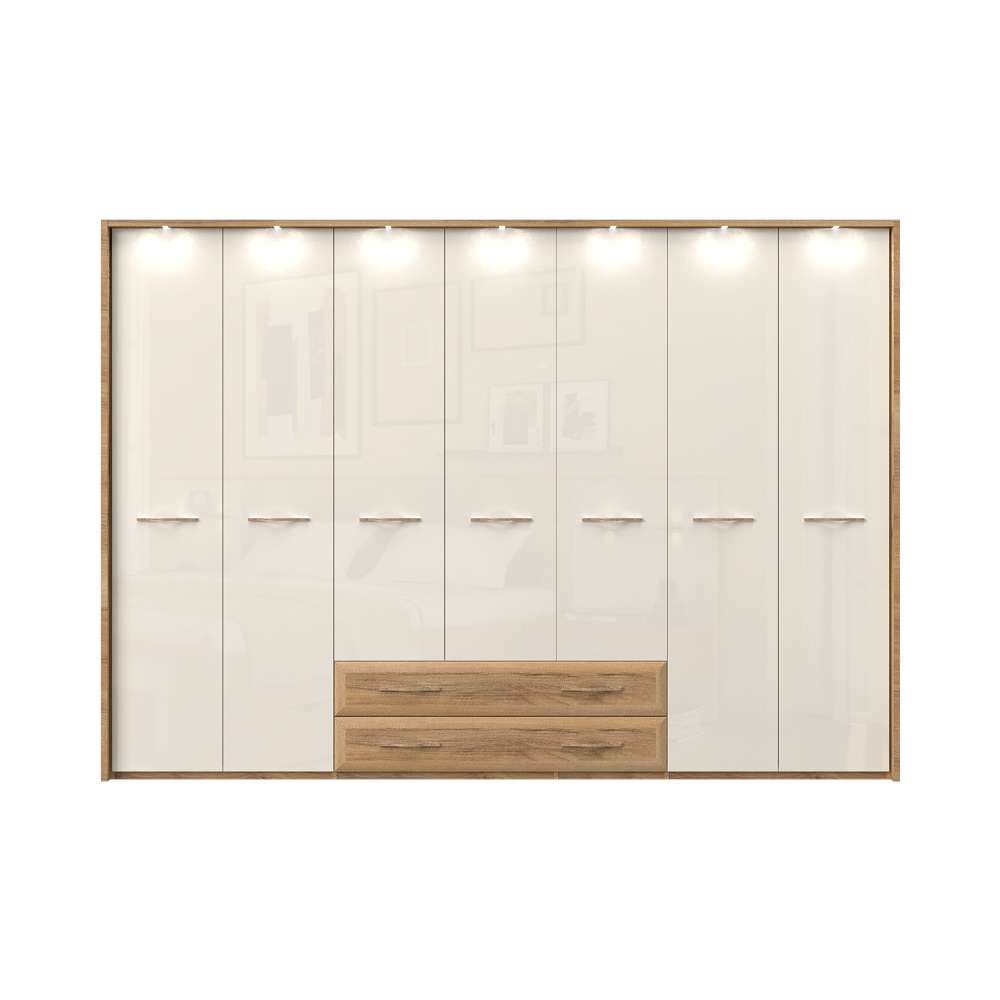 Home affaire Kleiderschrank »Gala, beige hochglänzend UV lackiert, kratzfest, FSC-zertifiziert«, (abgerundete Schubladen aus MDF im Holzdekor, soft-close), mit Beleuchtung und Passpartourahmen, hoher Schrank (224cm), 4 Breiten