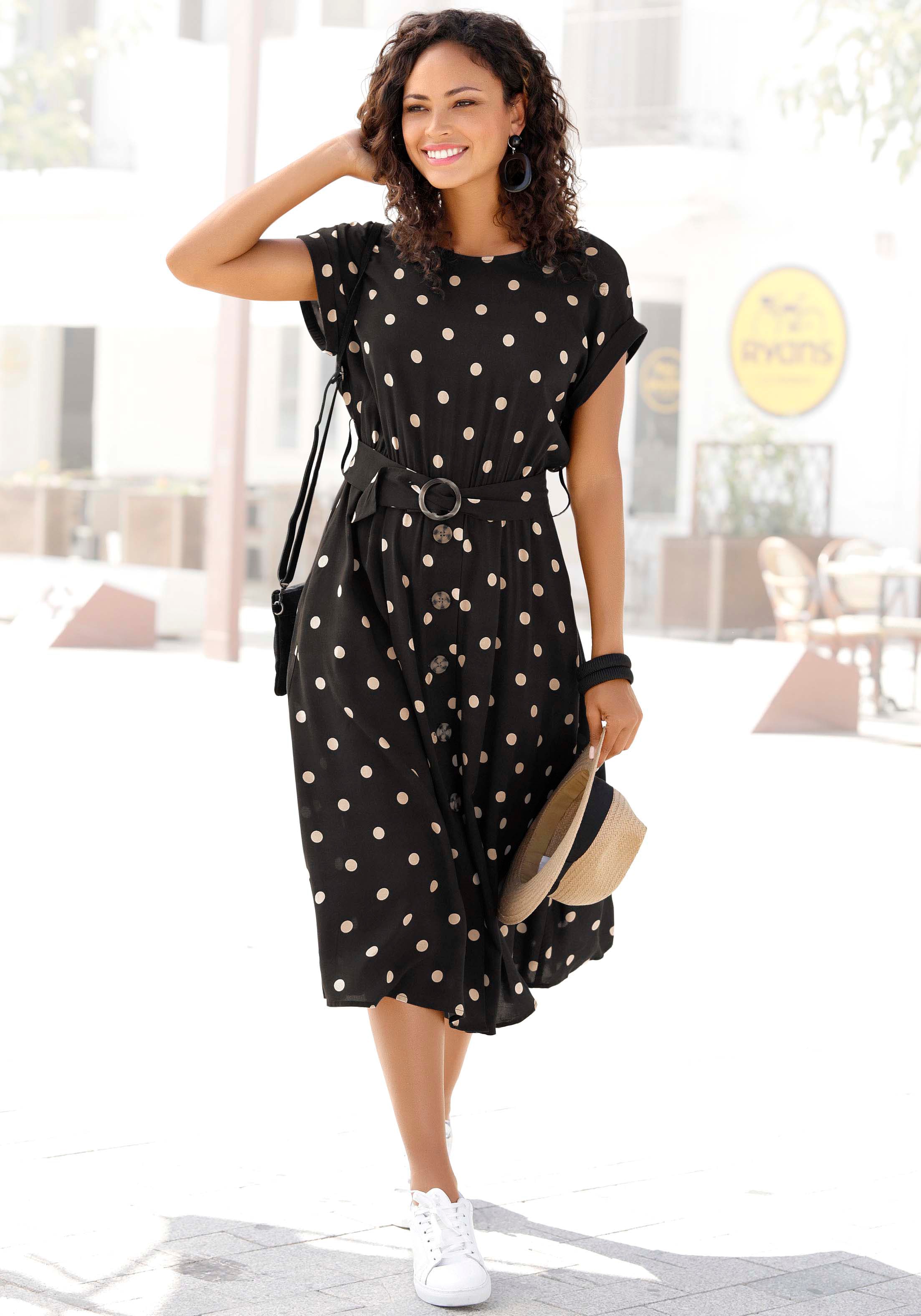 LASCANA Midikleid "mit Punktedruck und Taschen, Blusenkleid" Seitennahttaschen elegantes Sommerkleid aus Webware, Viskosekleid, Tupfenkleid, feminin