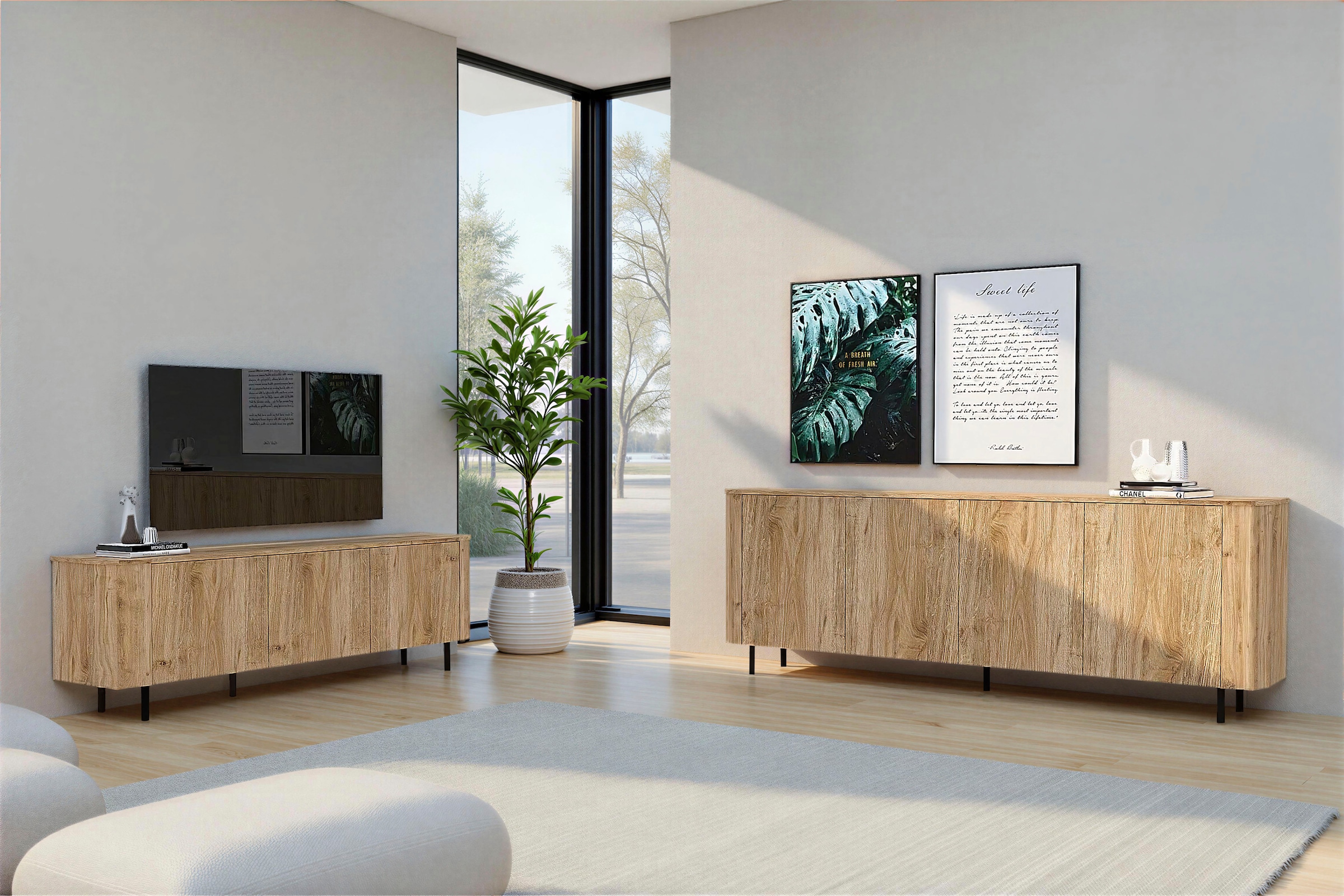 Home affaire Sideboard »Murano, 231 cm breit, 4 Türen, Anrichte, Kommode, Stauraumschrank« Formgebogenes MDF, Stirnseiten mit Rundung, Füße und Griffe aus Metall