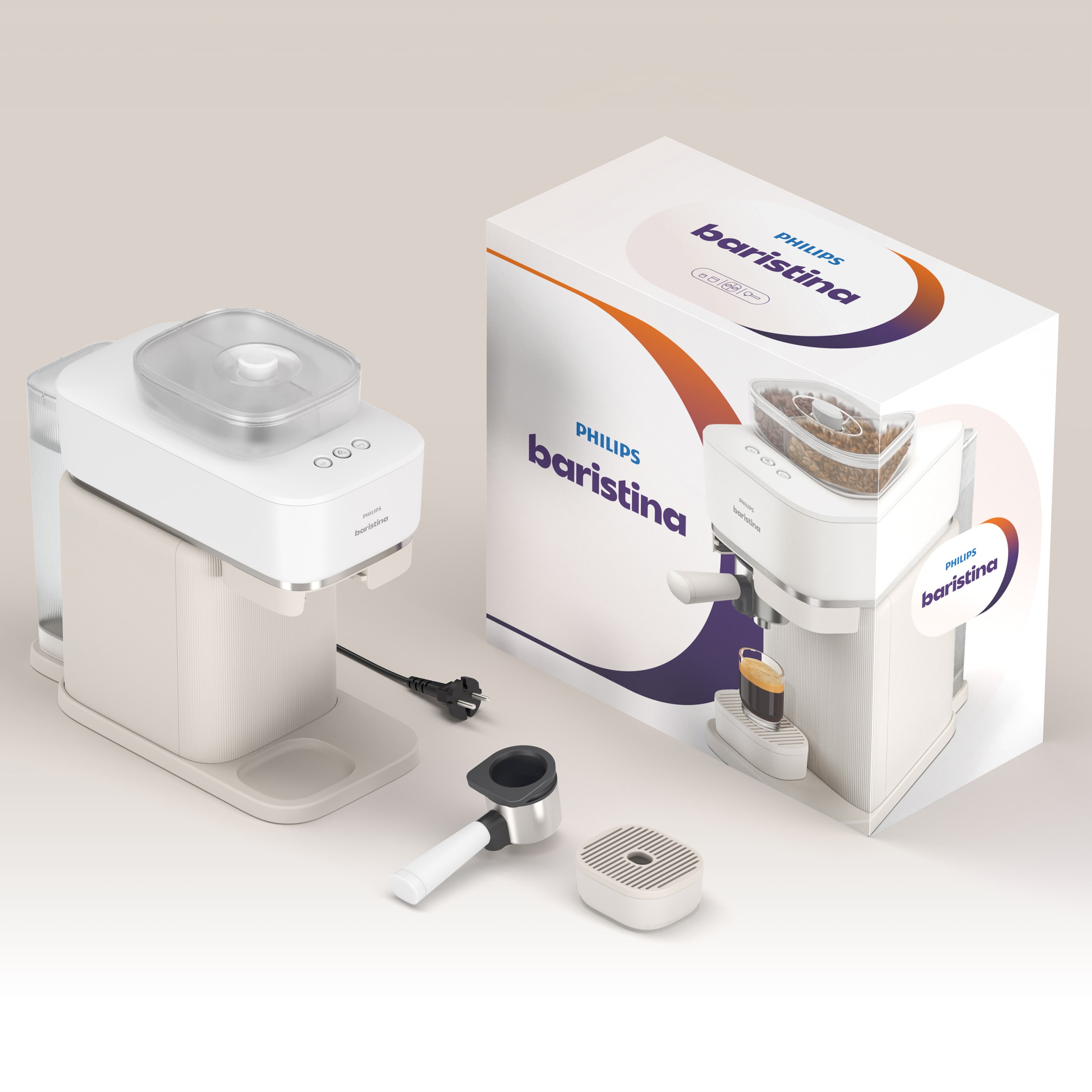 PHILIPS baristina Espressomaschine »mit Bean swap BAR320/00 mit Mahlwerk für ganze Bohnen«, Doppelter Bohnenbehälter, 16 bar Pumpendruck, Naturweiß​