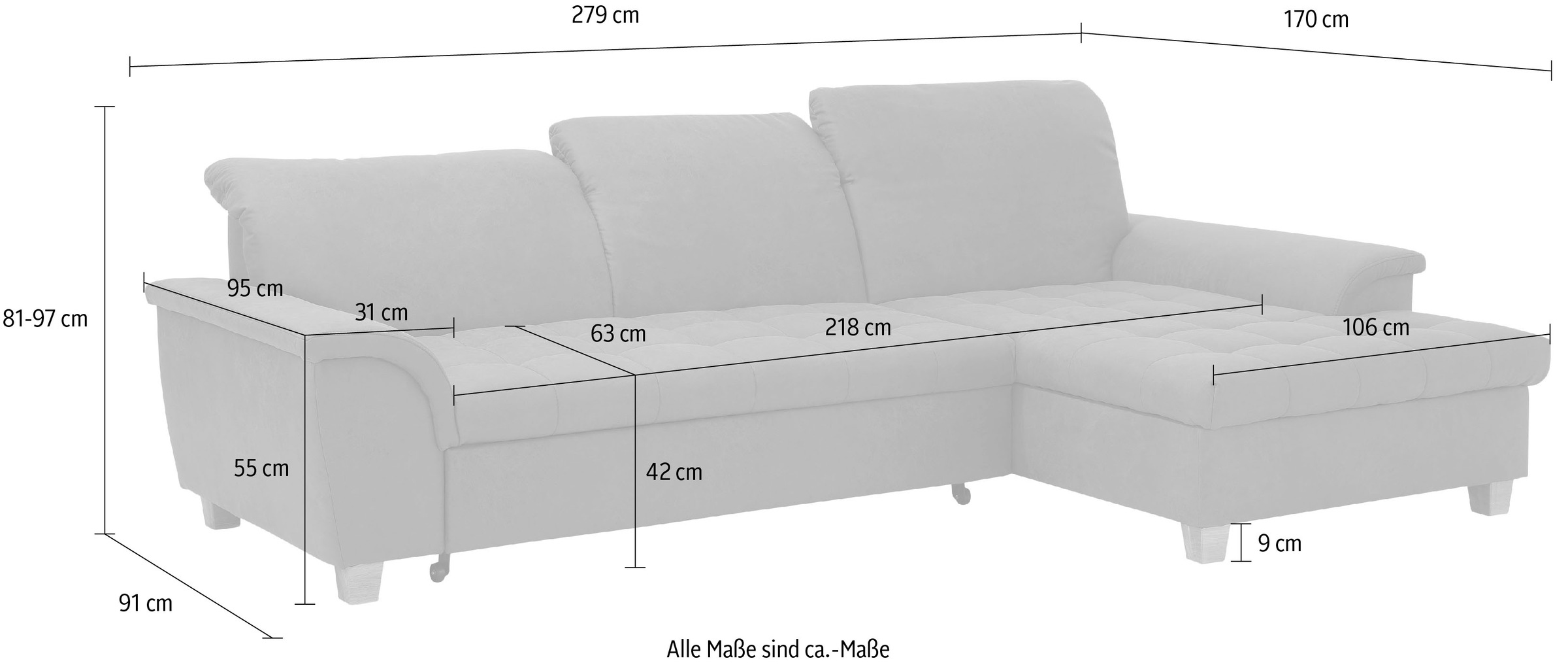 Home affaire Ecksofa »Lyla L-Form«, mit Recamiere, wahlweise mit Rückenfunktion und zusätzlich mit Bett