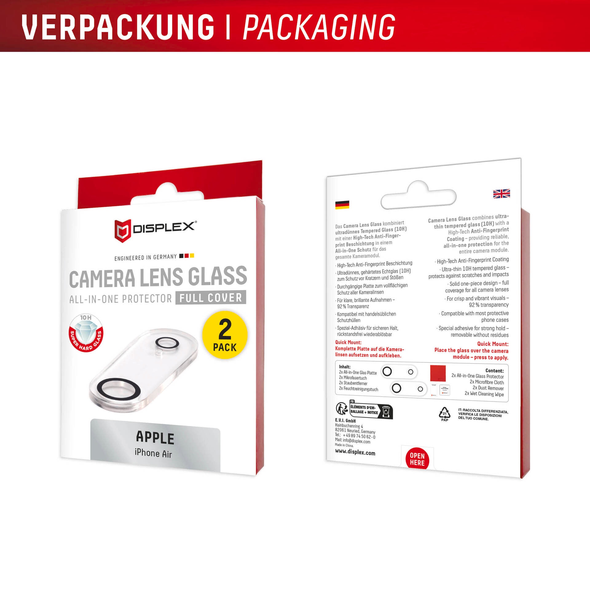 Displex Kameraschutzglas »Camera Lens Glass Glass All-In-One Protector Full Cover«, für Apple iPhone Air, Kameraschutz,Linsenschutz,Objektivschutz, kratz- & stoßfest