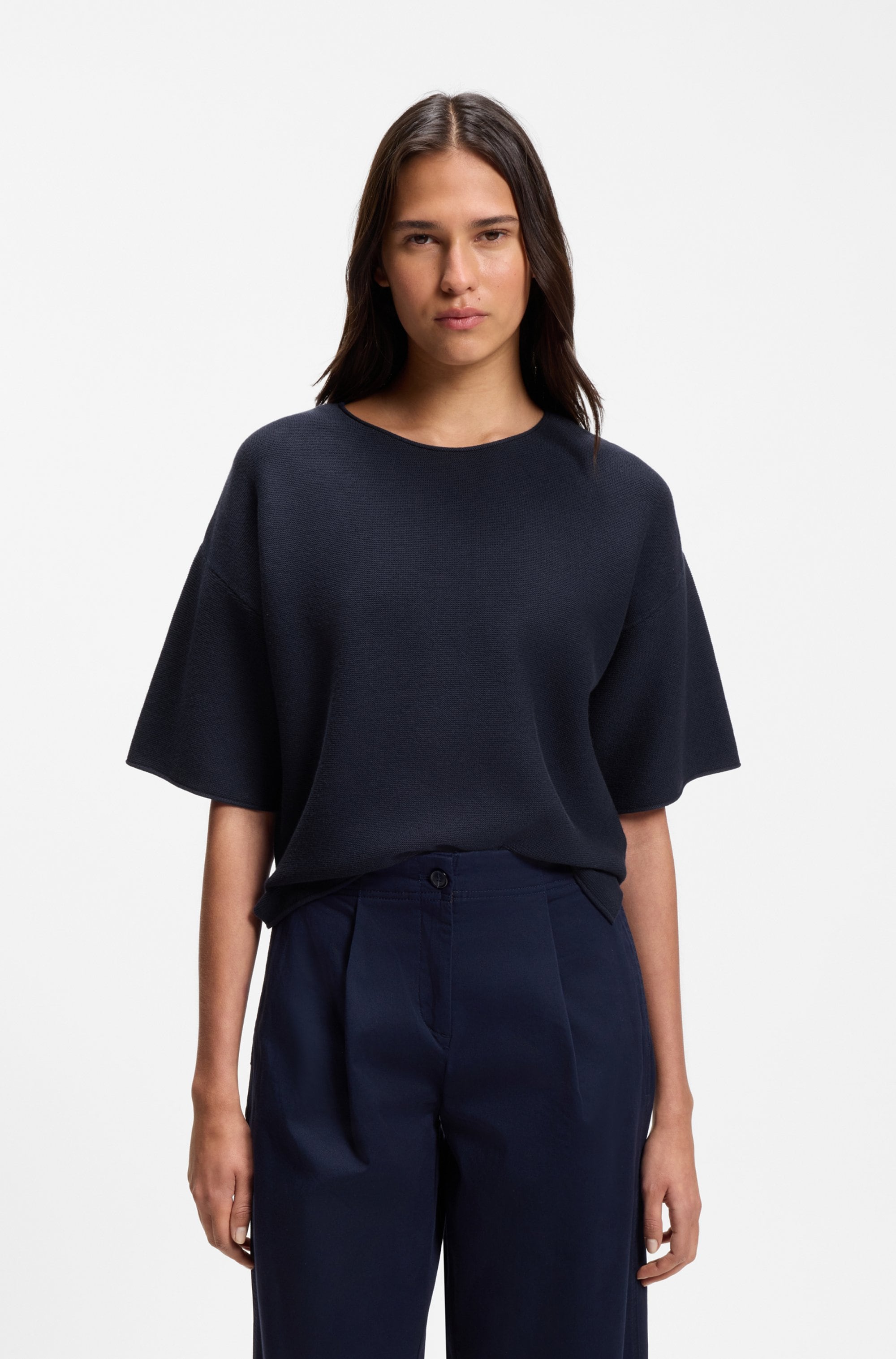 BOSS ORANGE Kurzarmpullover "Fouetta Premium Damenmode" Baumwoll-Woll-Mix, Relaxed Fit