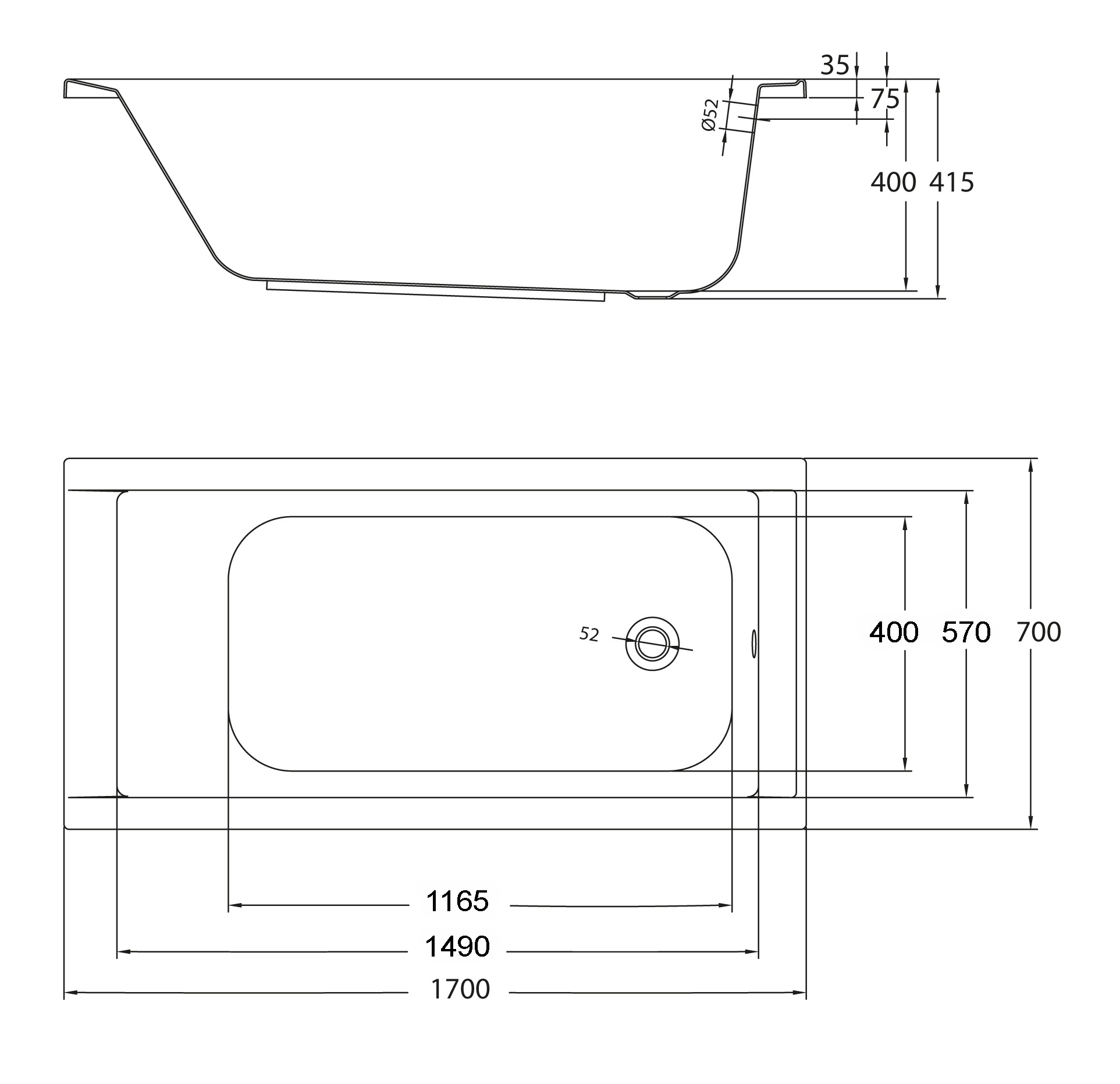 OTTOFOND Badewanne »Set Körpferformbadewanne«, (3 tlg.), 1700/700 mm, Körperformbadewanne