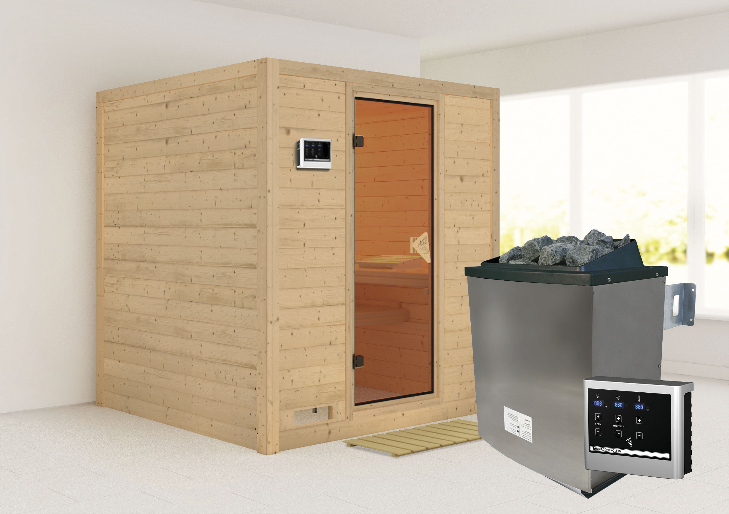 Karibu Sauna "Menja" Set, Ofen 9 KW externe Strg easy