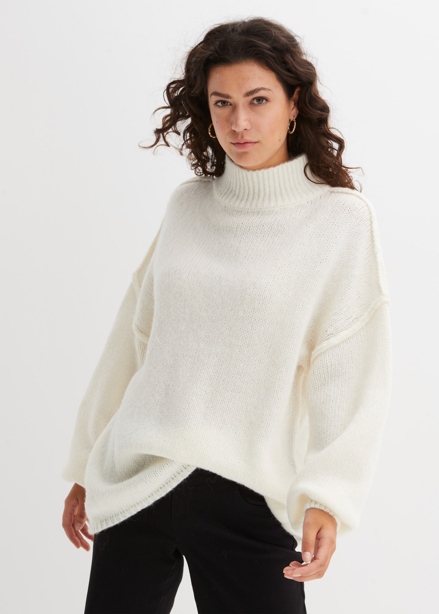 bonprix Strickpullover "Grobstrick-Pullover" mit Wollanteil, mit Stehkragen, oversized, markante Nähte
