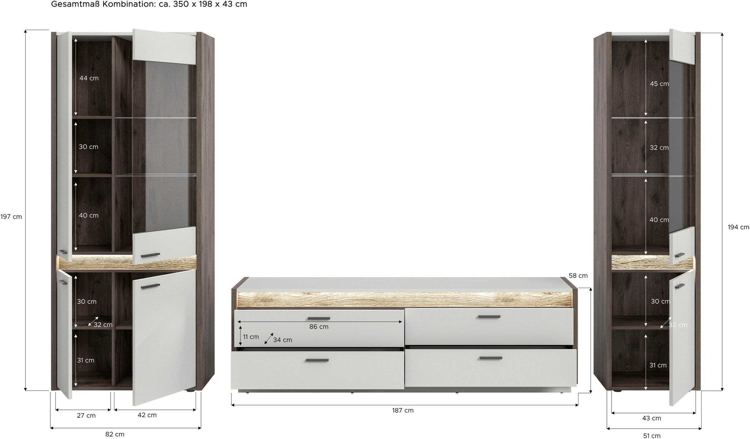 INOSIGN Wohnwand »Treviso, Breite 350 cm, bestehend aus: 2x Vitrine und 1x Lowboard«, (3 St.), Kombination, Wohnkombination, Mediawand, TV-Wand