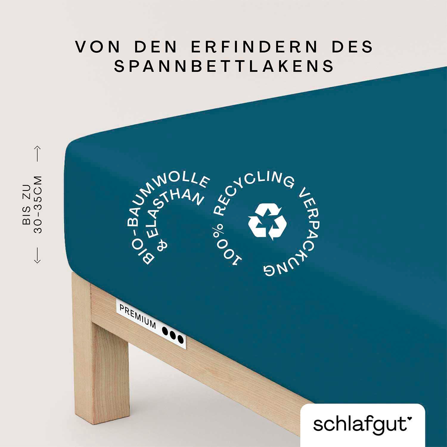 Schlafgut Spannbettlaken "PREMIUM Mako-Zwirn-Jersey, 220 g/m², 95% Bio-Baumwolle, 5% Elasthan" Bettlaken bis 30 cm Höhe, PREMIUM-Qualität langlebig, perfekter Sitz