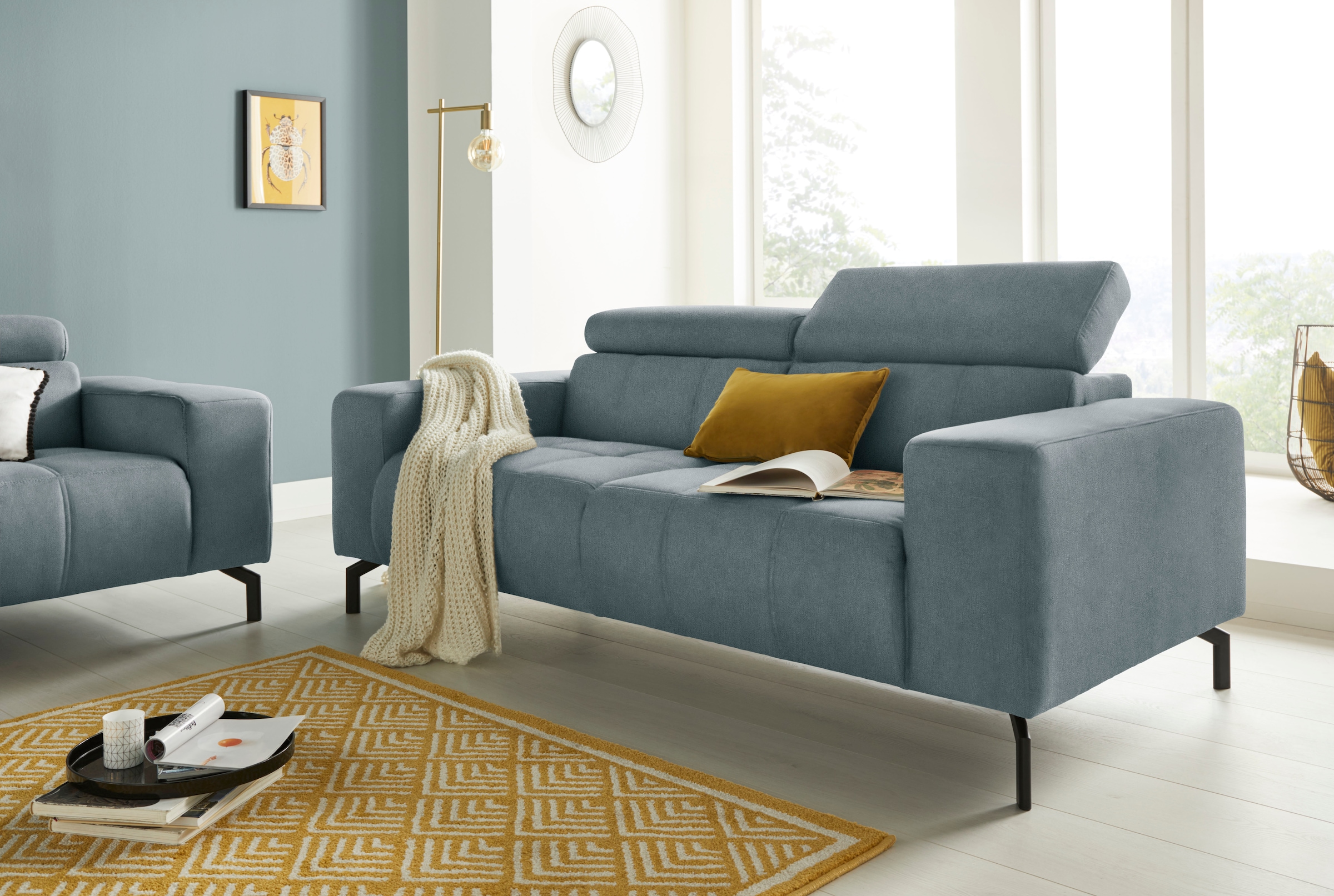 DOMO collection 2-Sitzer »Cunelli zeitlos und elegant, moderne Sitznähte als Designelement,«, wahlweise mit 6-fach verstellbaren Kopfteilen, fester Sitzkomfort